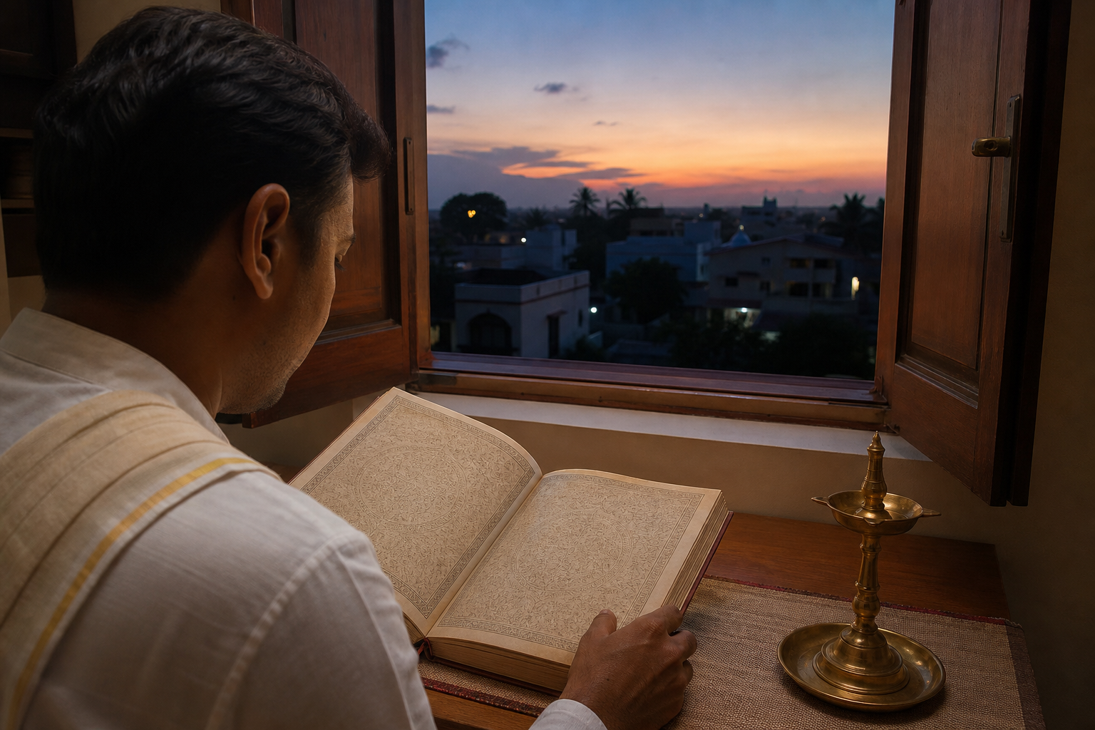 A devotee beside a window consults an open traditional almanac as the local neighborhood enters twilight, with an unlit brass lamp nearby.