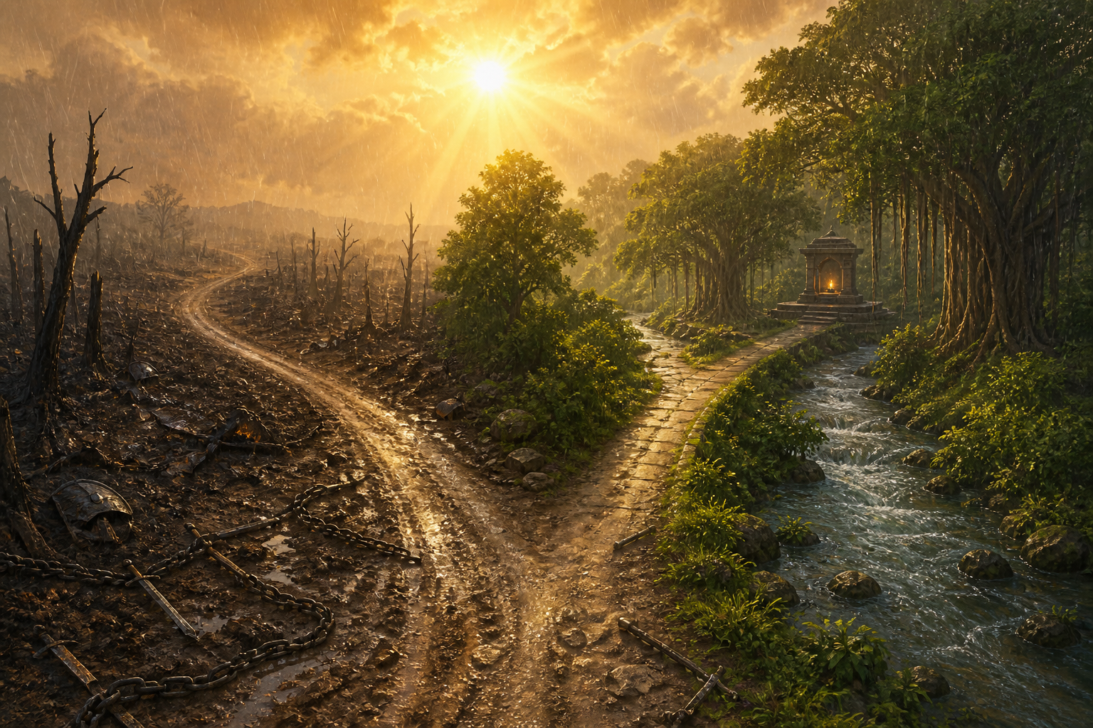 Two forest paths receive the same sunlight and rain, with one crossing a scorched grove and the other following a river through living trees.