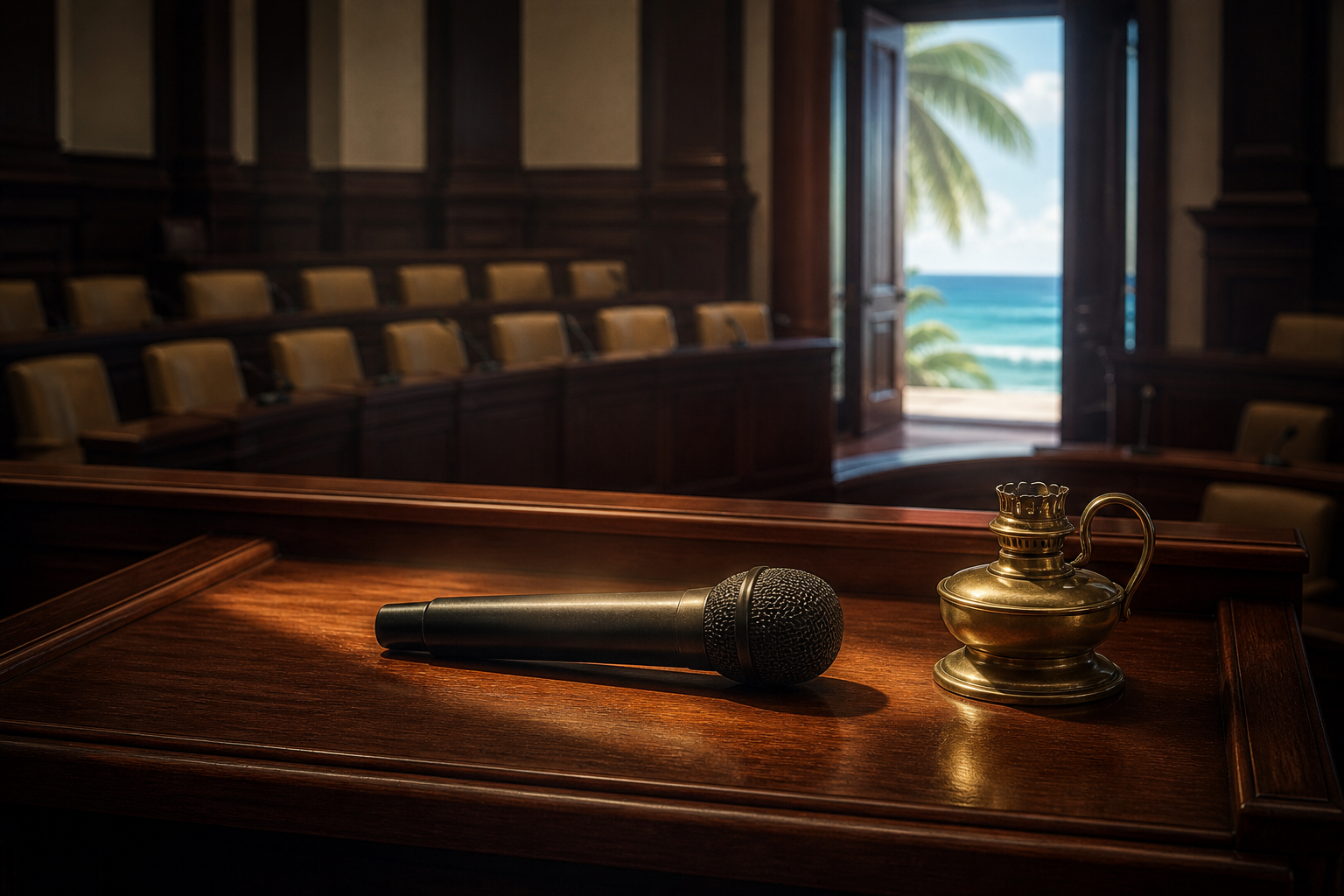 Conceptual still life of an unmarked microphone and brass oil lamp on a lectern in an otherwise empty legislative chamber.
