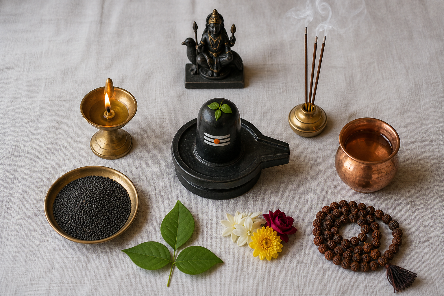 A simple puja arrangement includes a Shiva lingam, a small Shanidev image, a lit oil lamp, black sesame seeds, bilva leaves, water, flowers, incense, and rudraksha beads.
