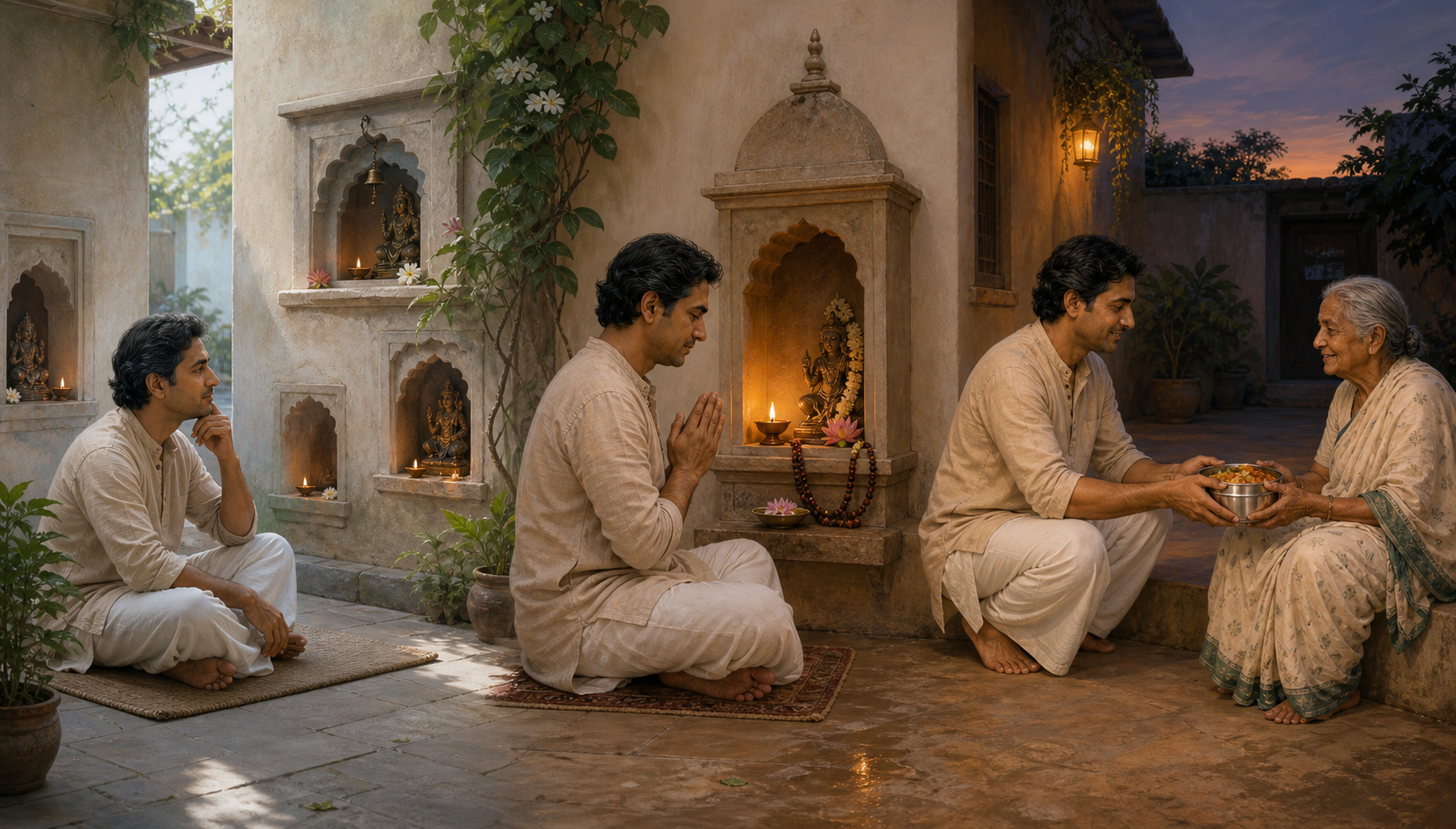A seeker listens at several devotional alcoves, later prays consistently at one shrine, and then serves food to an elderly neighbour.