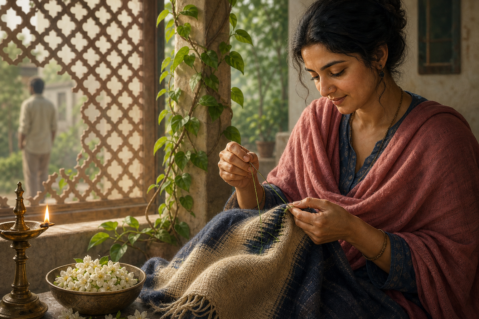 A calm adult mends a torn woven shawl beside an oil lamp while a lattice screen separates them from a distant person outside.