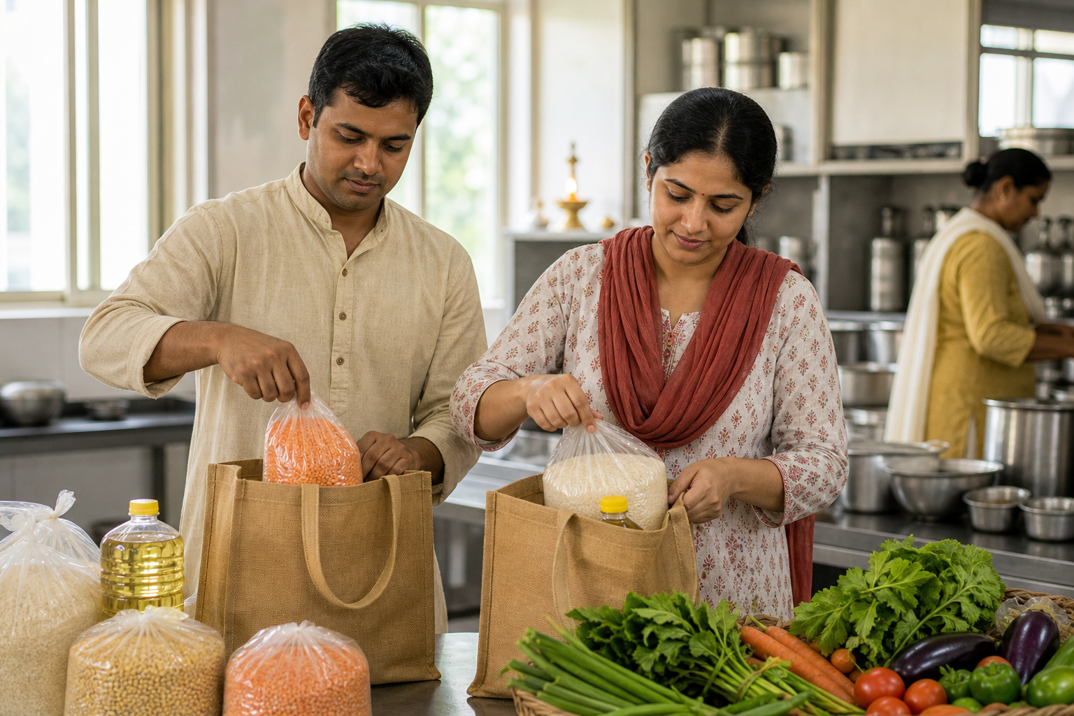 Volunteers in a community kitchen pack rice, lentils, oil, and vegetables into reusable bags for distribution.