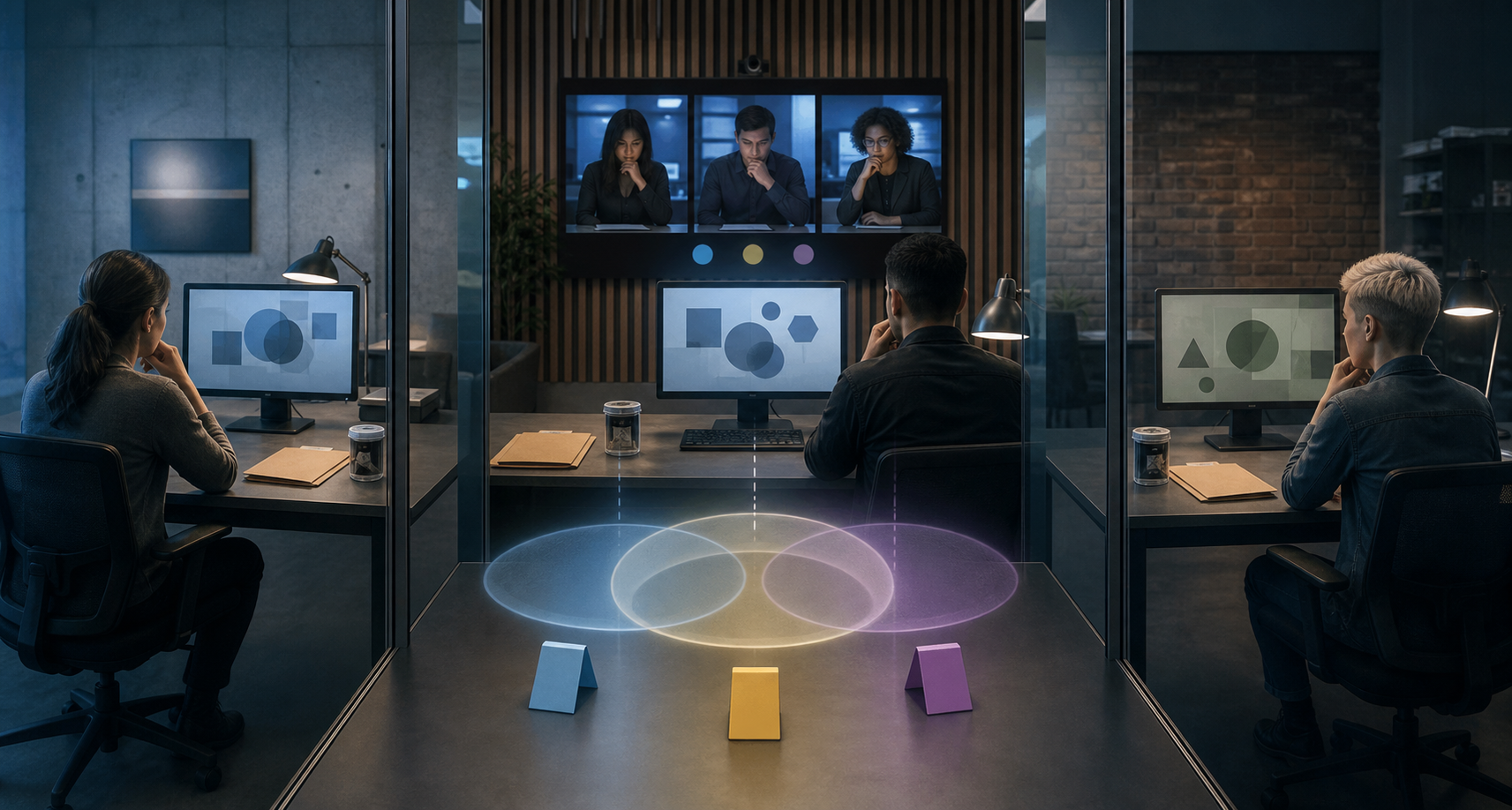 Three forensic analysts at separate workstations compare sealed evidence and case folders while distinct evidence markers remain unconnected.