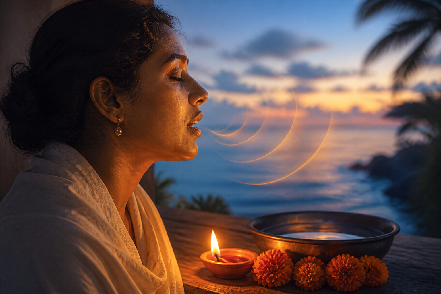 Conceptual illustration of a Hindu practitioner reciting beside a glowing clay lamp, marigold flowers, and a bowl of water near the Caribbean sea.
