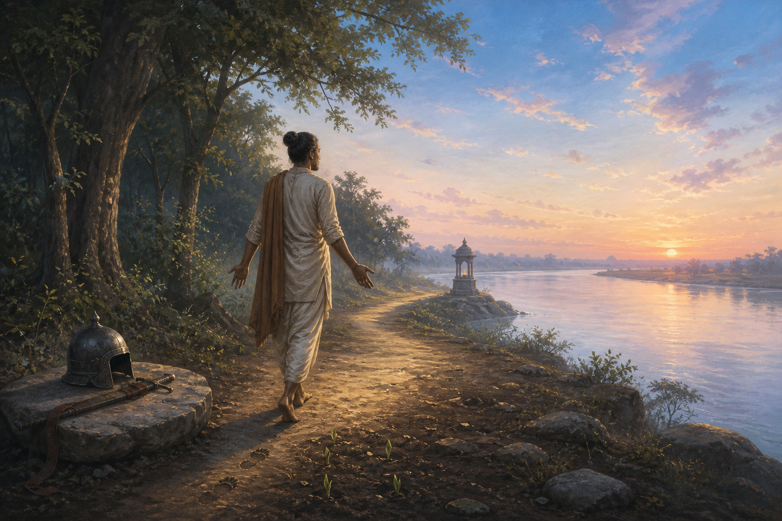 An unarmed traveler leaves a helmet and sheathed weapon beside a forest path and walks toward a river glowing in the dawn light.