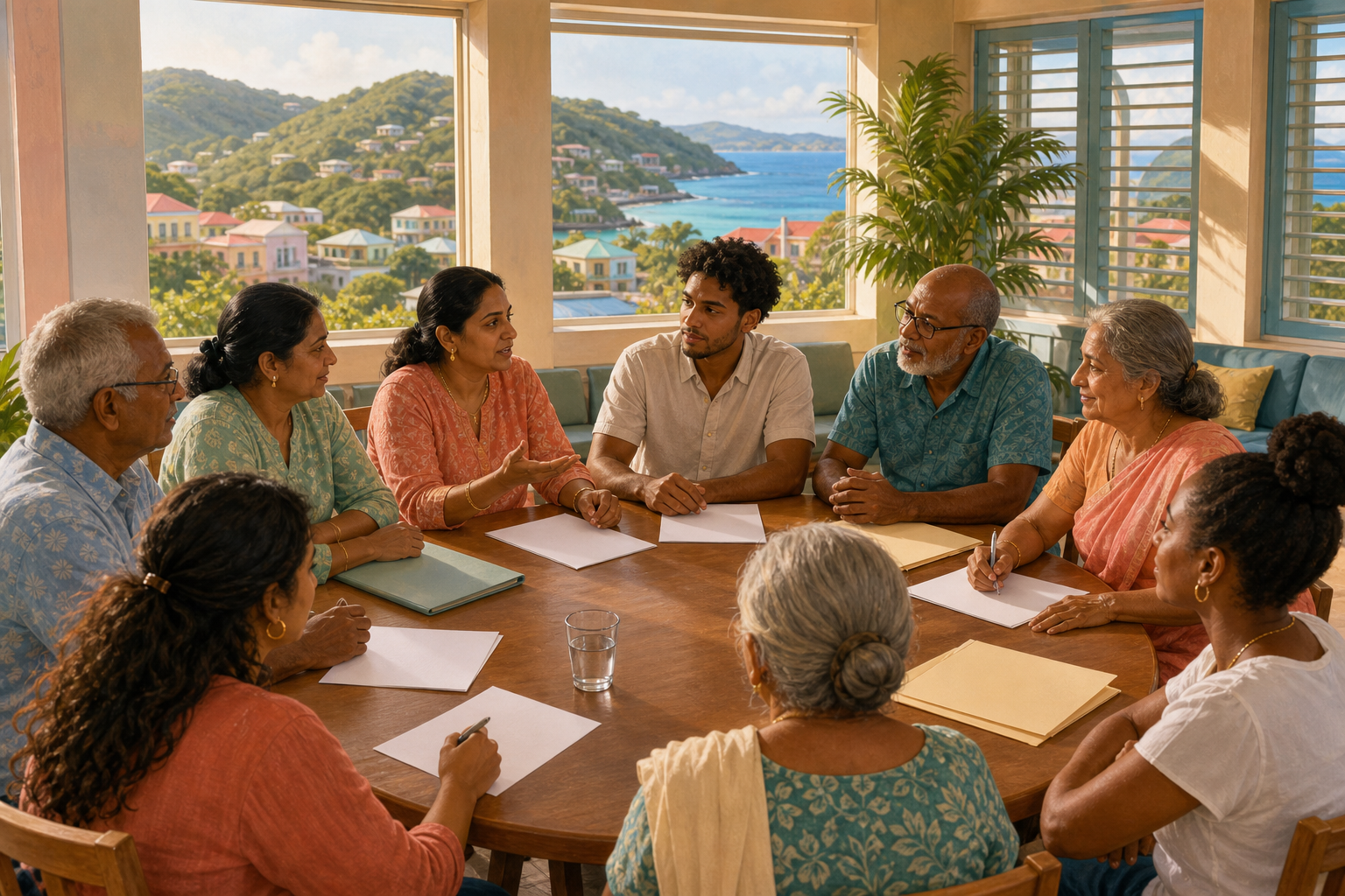 A diverse multigenerational group of island residents holds a roundtable discussion in a community meeting room overlooking Caribbean hills and water.