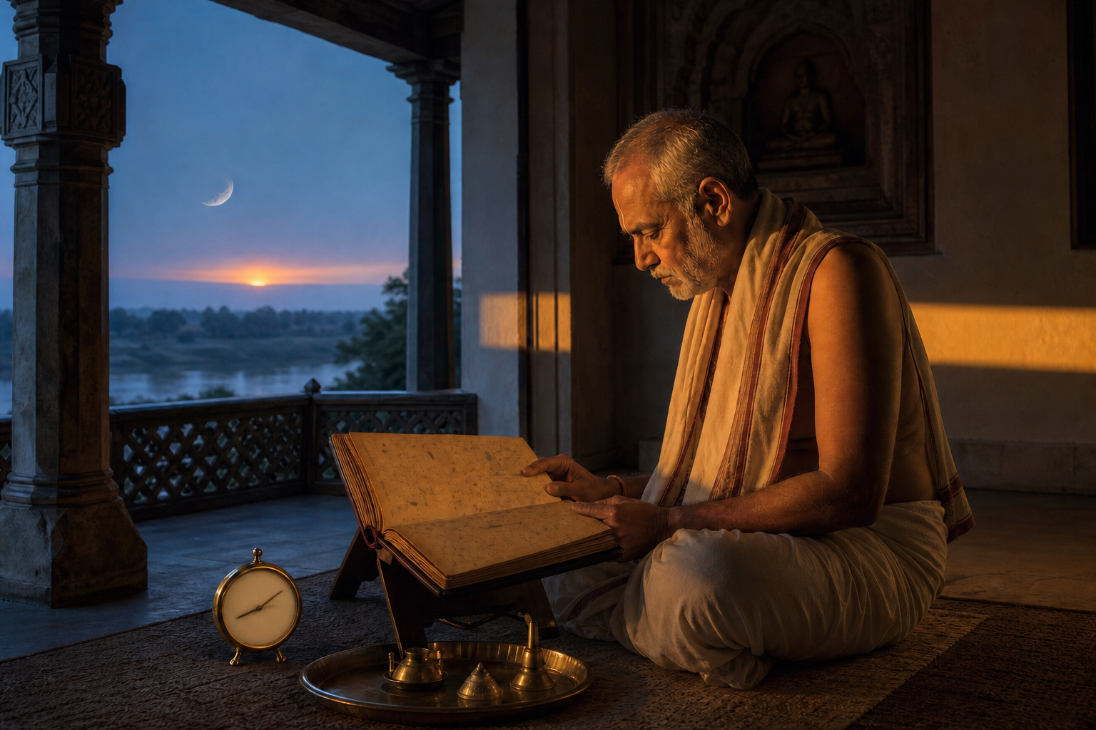 A devotee consults a traditional almanac at dawn while the pale moon remains visible above the horizon.