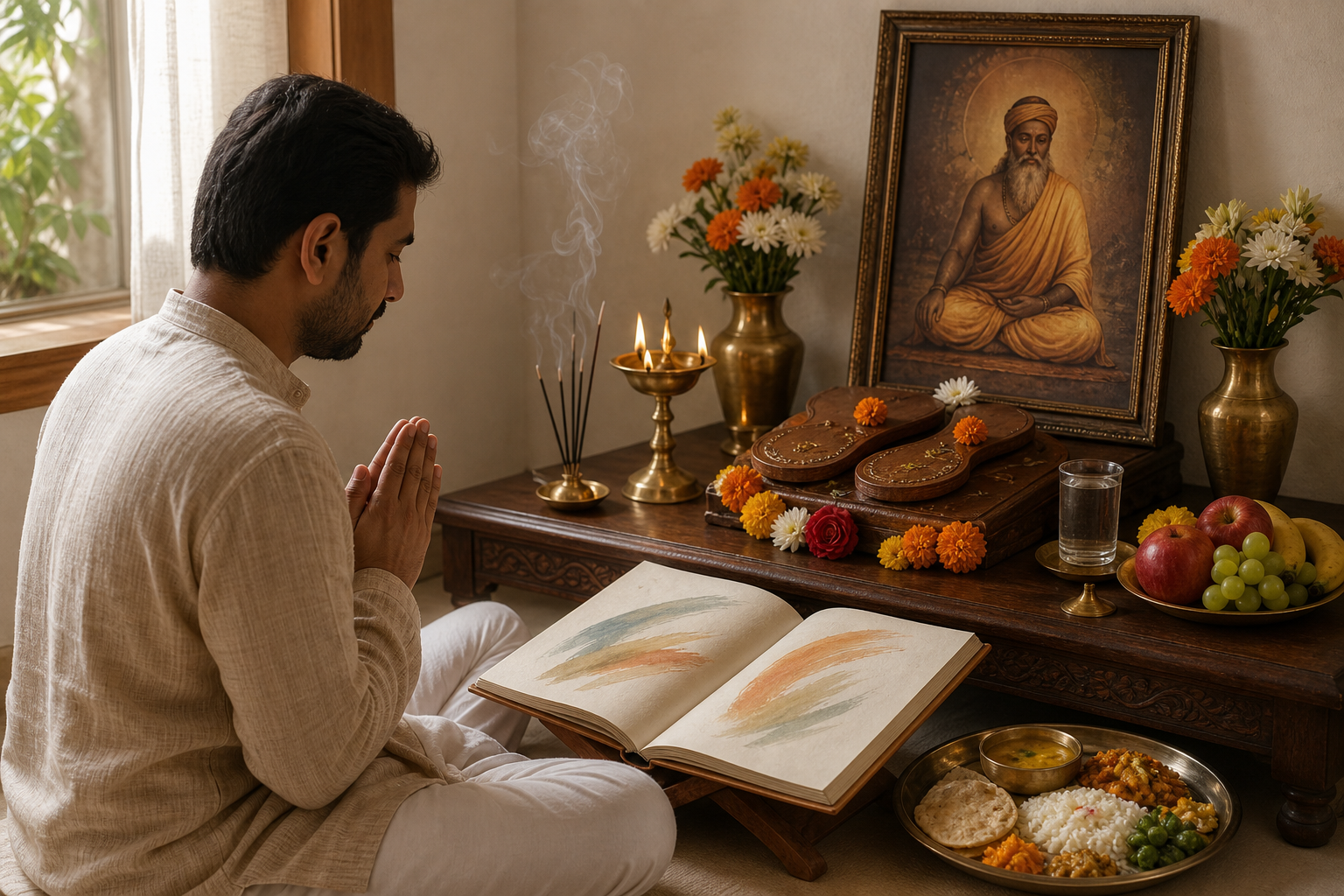 A devotee prays before a simple home altar with sacred padukas, a lamp, flowers, fruit, water, scripture, and food for sharing.