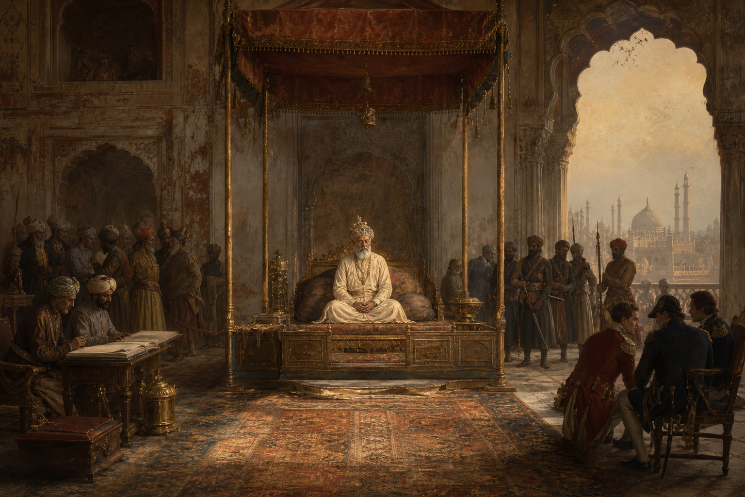 An elderly Shah Alam II sits beneath a worn canopy in a fading Mughal throne hall while courtiers, Maratha guards and Company officers gather in separate groups around him.