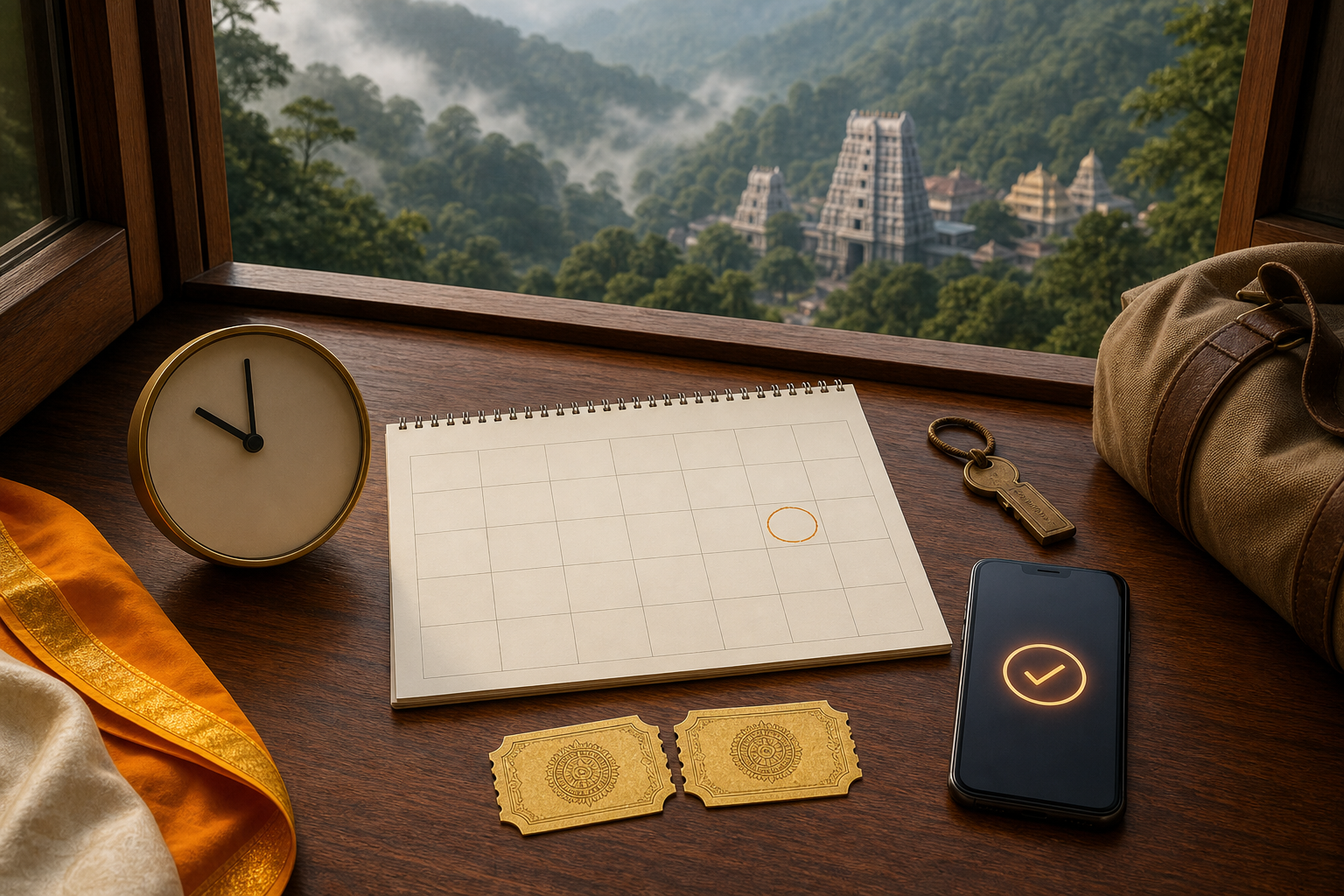 A blank calendar, numberless clock set to ten, pilgrimage tokens, lodging key, and phone rest on a desk overlooking forested hills and a distant South Indian temple.