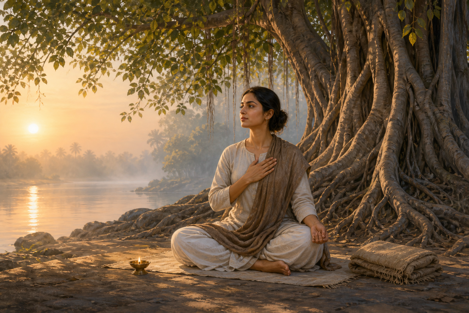 An Indian woman meditates beneath a deeply rooted banyan tree beside a misty river at sunrise, with a brass oil lamp and folded shawl nearby.