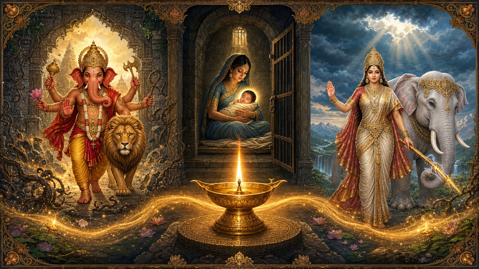 Sacred illustration of Mahotkata Vinayaka confronting disorder, Devaki protecting a newborn in a prison chamber, and Indrani standing beside a white elephant, connected by golden light.