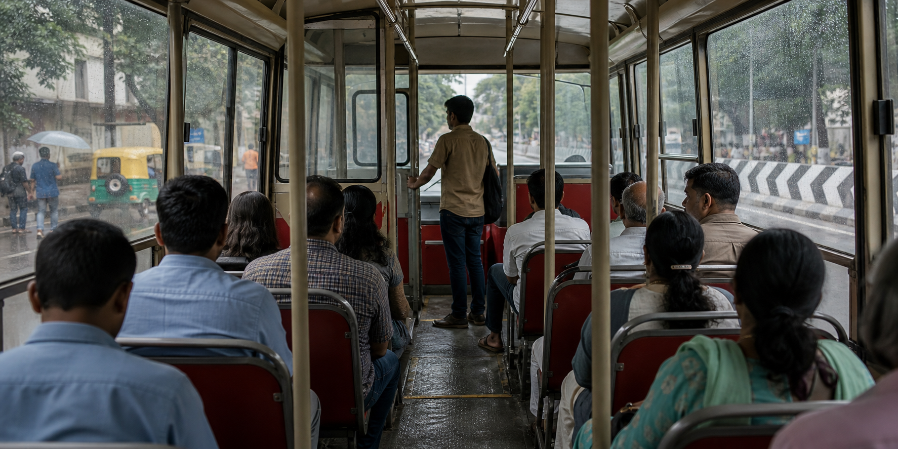 Passengers travel in a Bengaluru city bus with clean inner glass panels and sunlight coming through the windows.