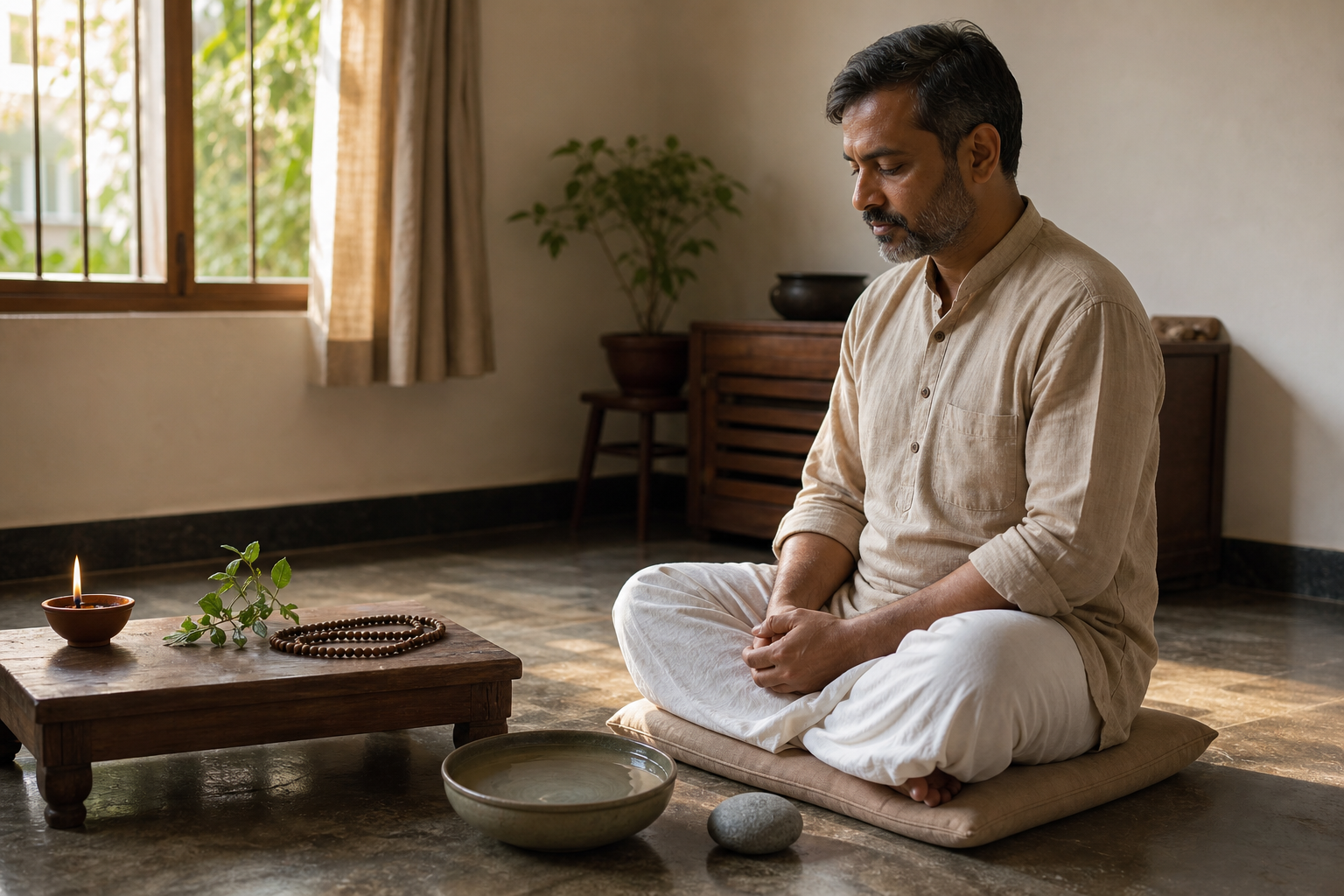 A man pauses on a meditation cushion before a low platform holding a water bowl, stone, clay lamp, tulsi sprig, and wooden prayer beads.