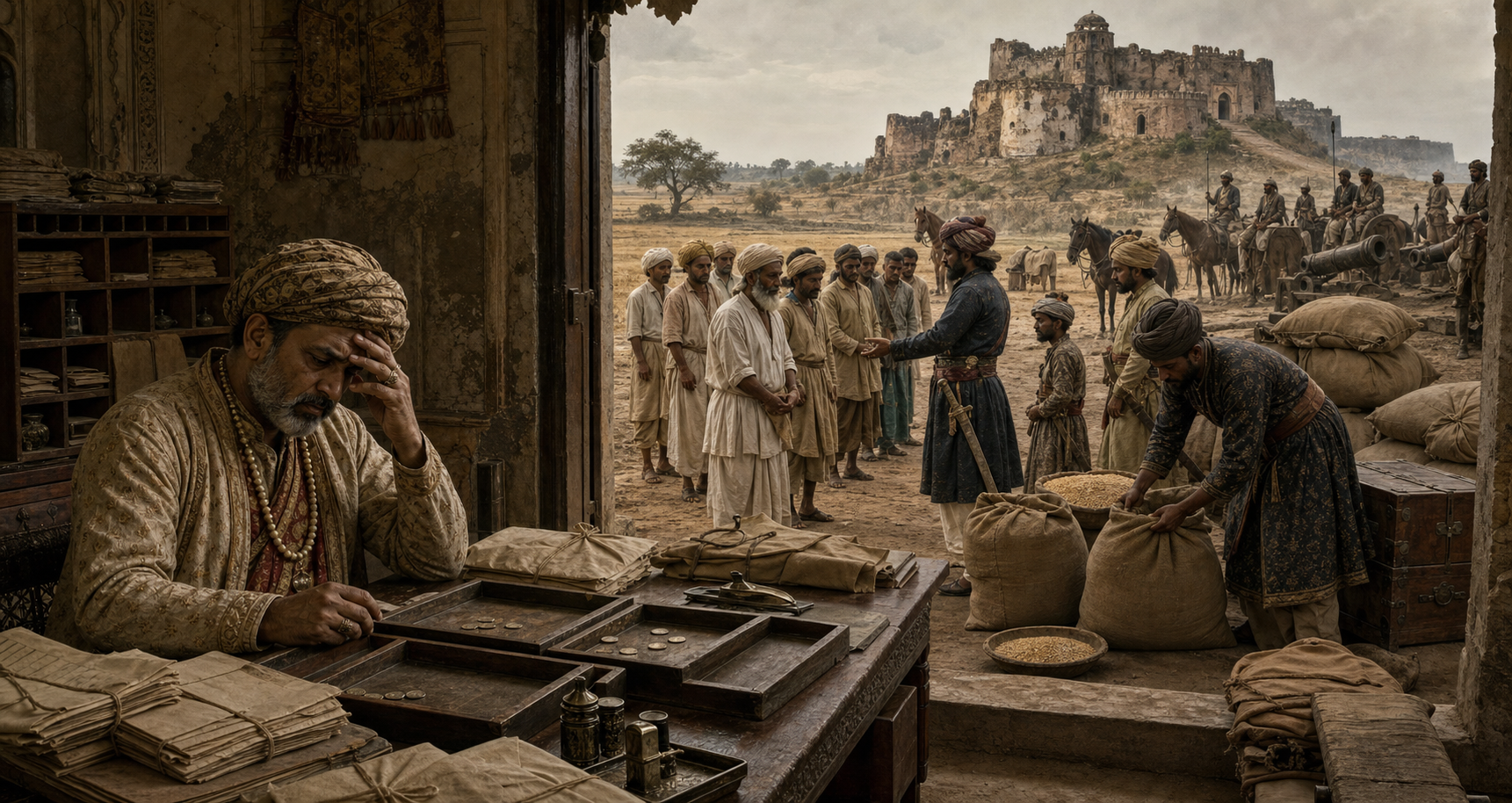 An anxious Mughal official sits before nearly empty coin trays as local collectors and armed retainers divert grain and revenue outside a provincial office.