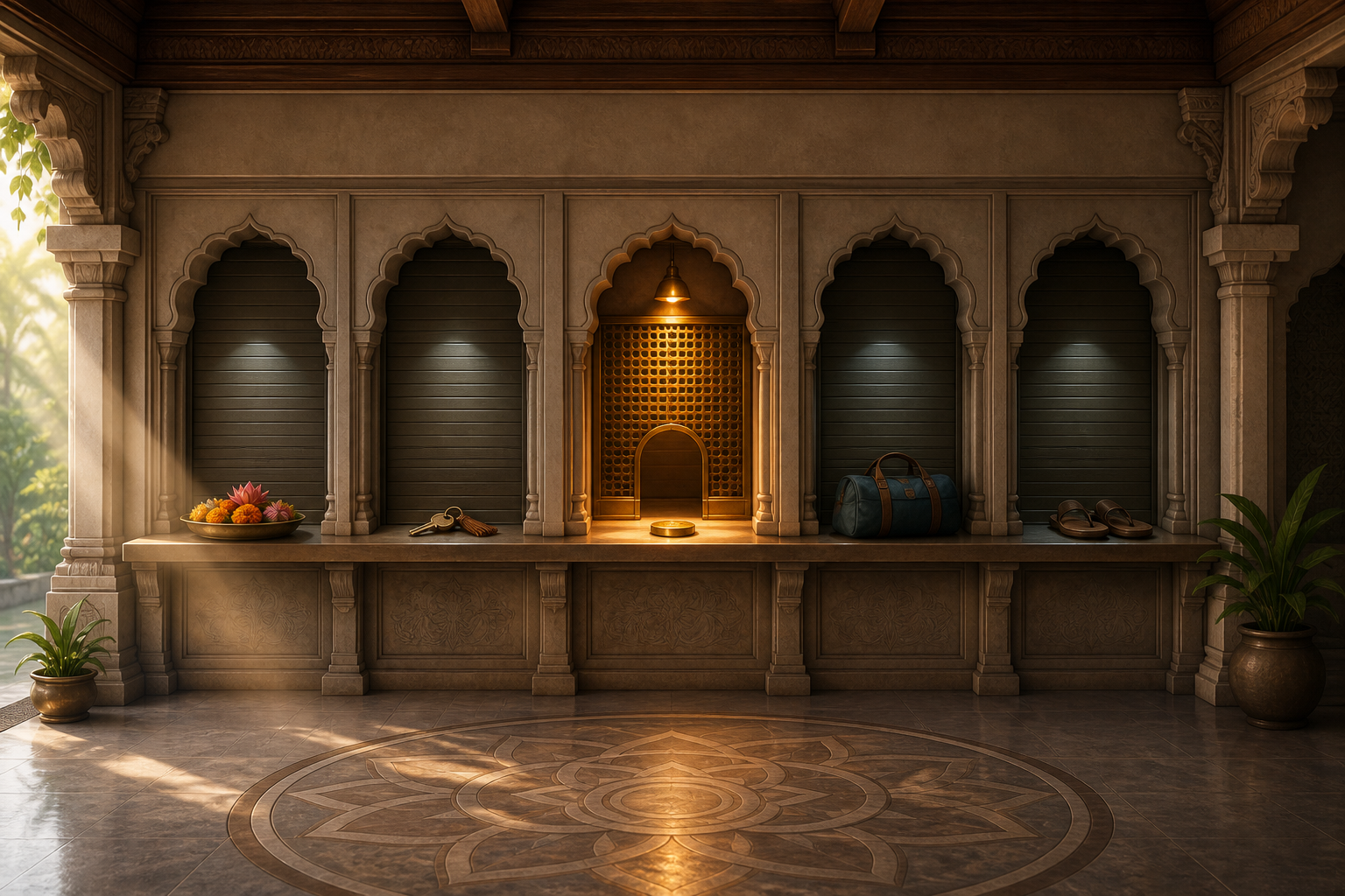 One service window glows inside a temple-inspired hall while separate windows associated with lodging and travel remain closed or waiting.