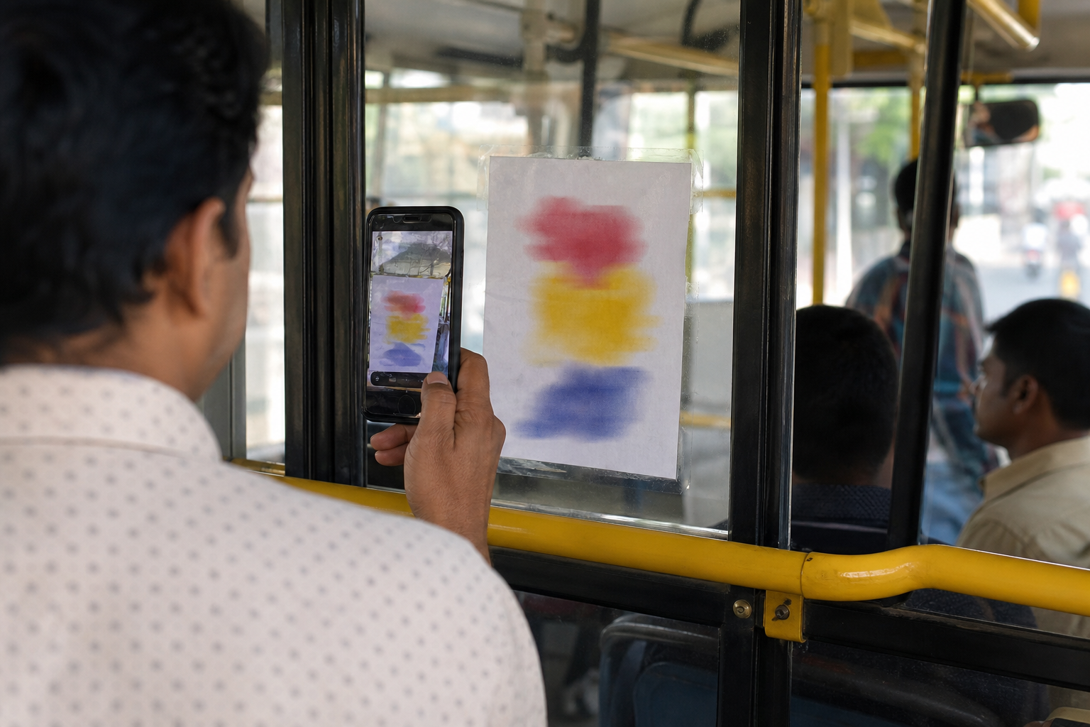 A bus passenger uses a smartphone to photograph an unauthorised paper display attached to an interior window.