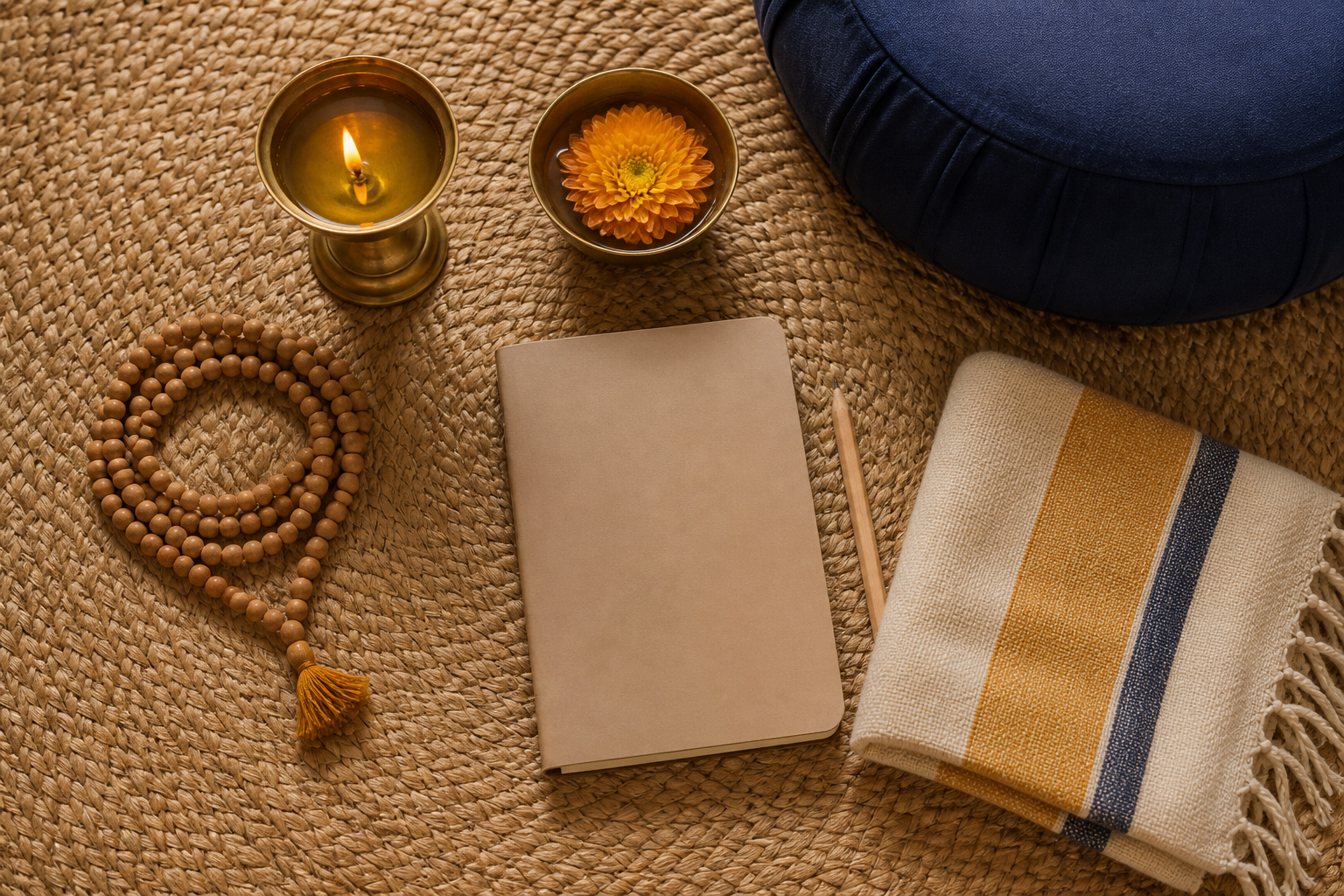 Wooden prayer beads, a lit brass lamp, a flower offering, a folded shawl, a blank journal, and a meditation cushion are arranged on a woven mat.