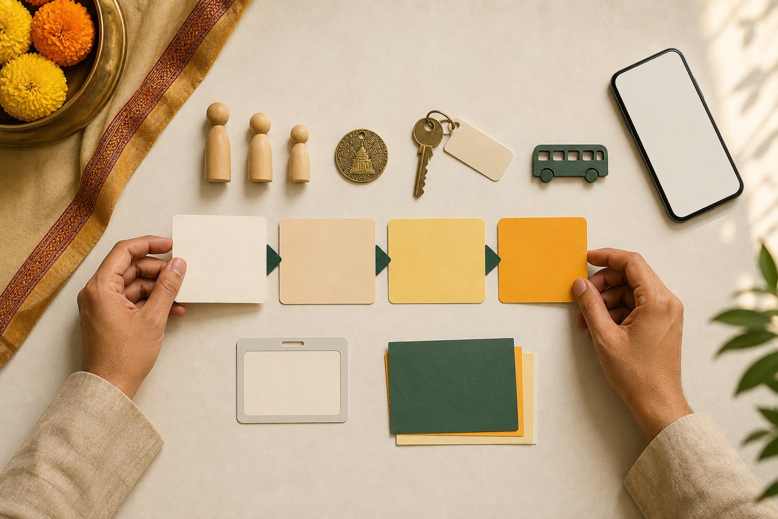 Hands organize blank planning cards, traveler figures, a temple token, room key, travel marker, identification symbol, and phone on a booking board.