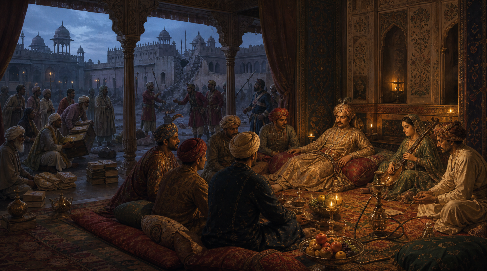 Courtiers relax in a refined Mughal palace chamber while petitioners, an empty treasury chest and distressed guards remain visible beyond the colonnade.