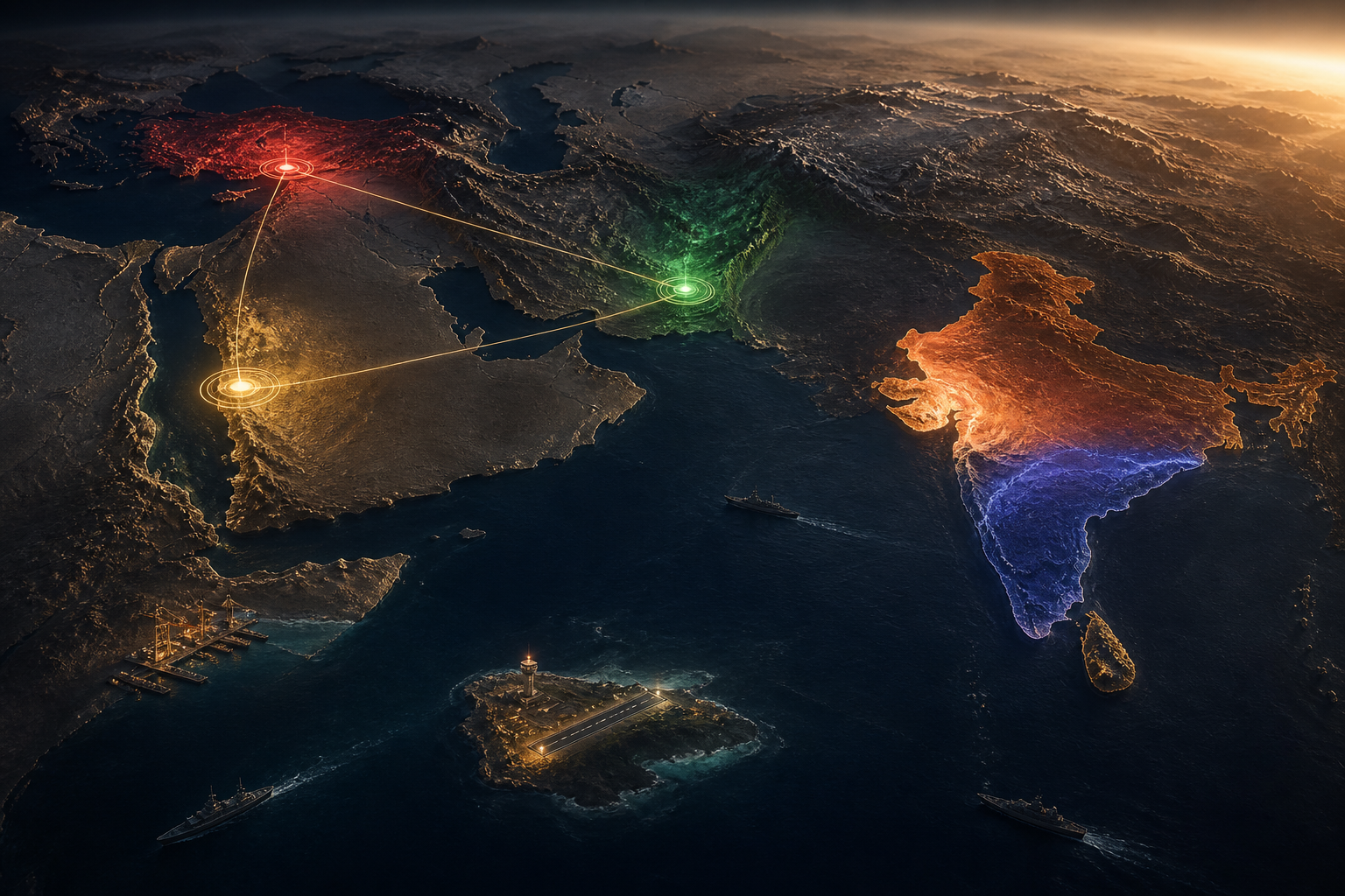 Abstract Indian Ocean relief map with three illuminated strategic nodes linked in a triangle and a separate illuminated Bharat to the east.