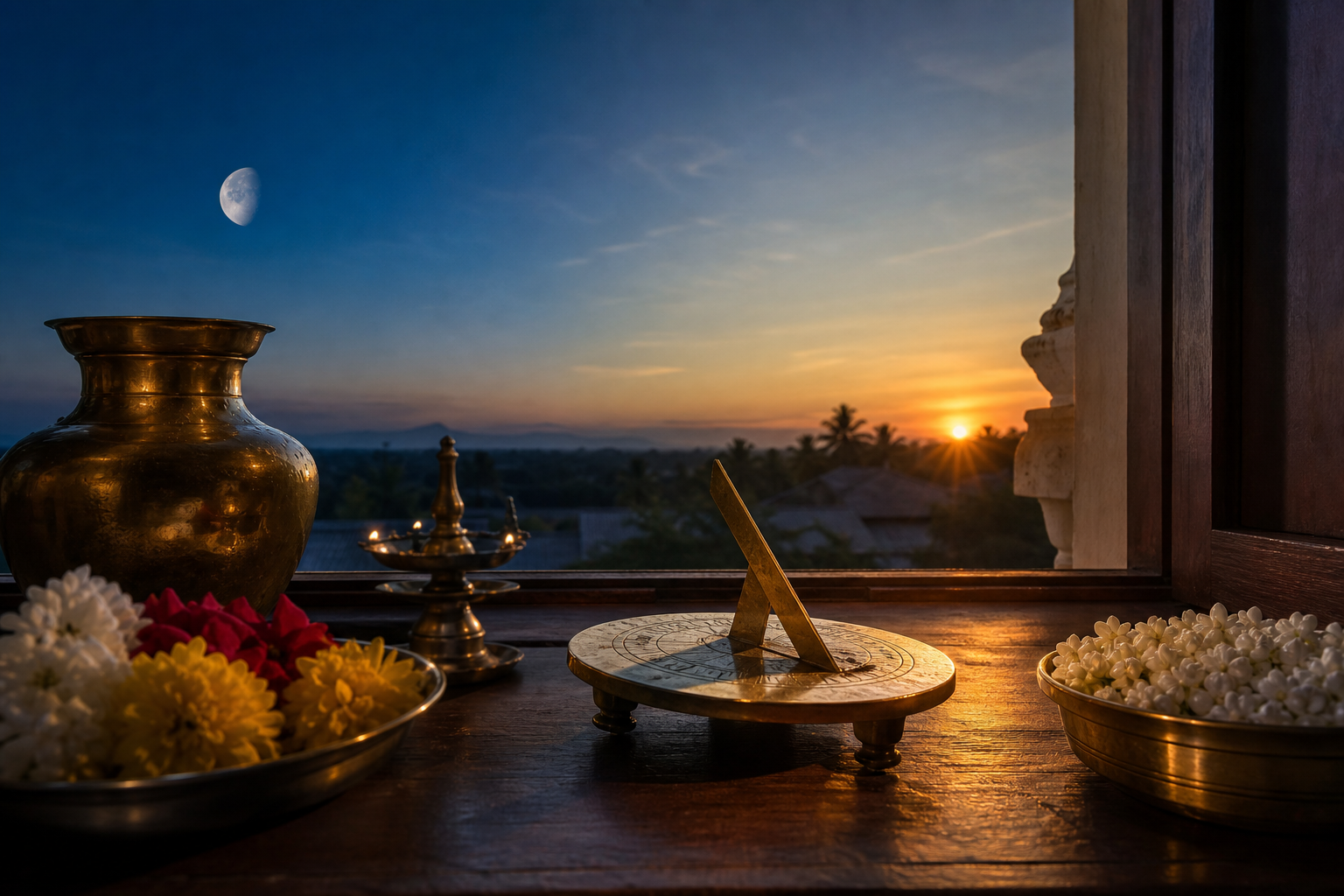 A prayer table at dawn with offerings, a visible crescent moon, and sunlight reaching a small brass timekeeping object.
