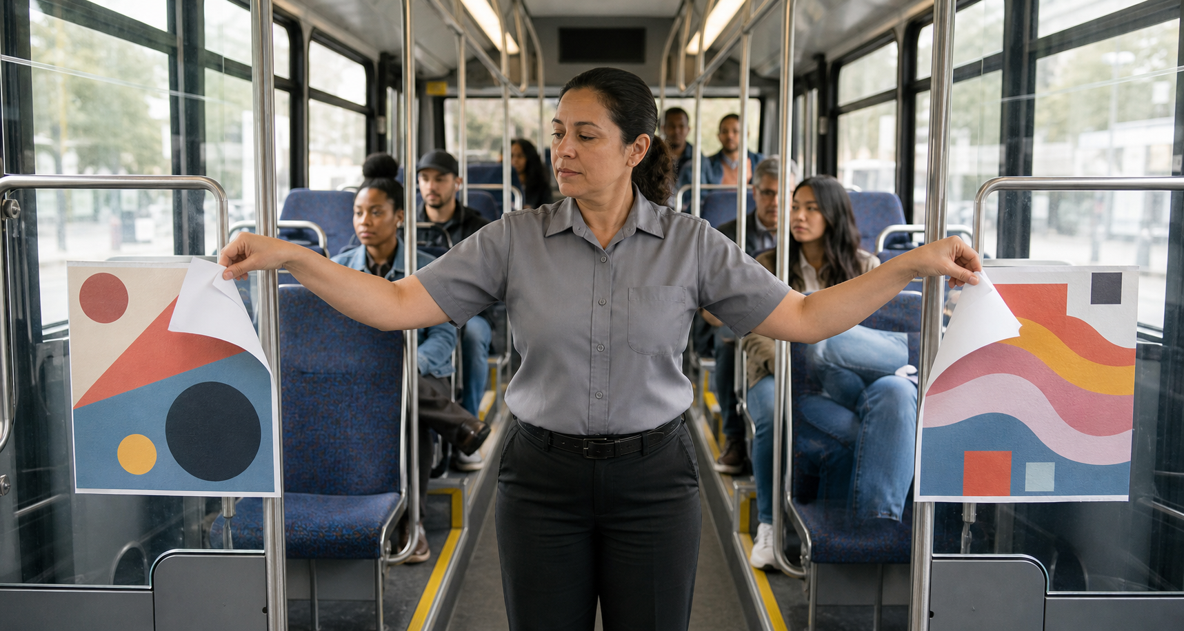 A transit staff member removes two different unauthorised paper displays from matching bus window panels.