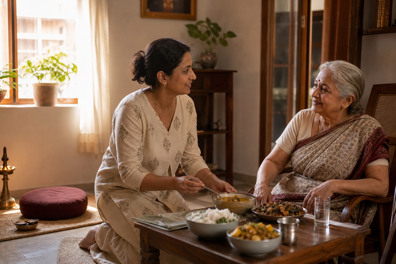 A woman serves a meal to an older family member in a sunlit home while a meditation cushion and brass lamp remain visible nearby.