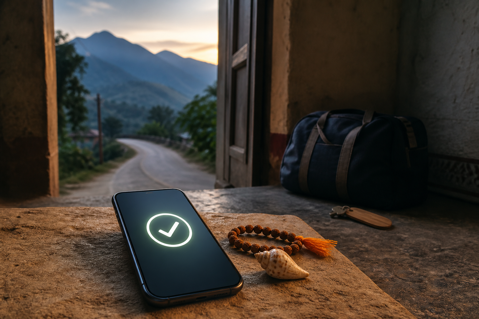 A phone with a generic confirmation symbol and two pilgrimage tokens sits in front of a travel bag, room key, and a dawn road leading toward green hills.