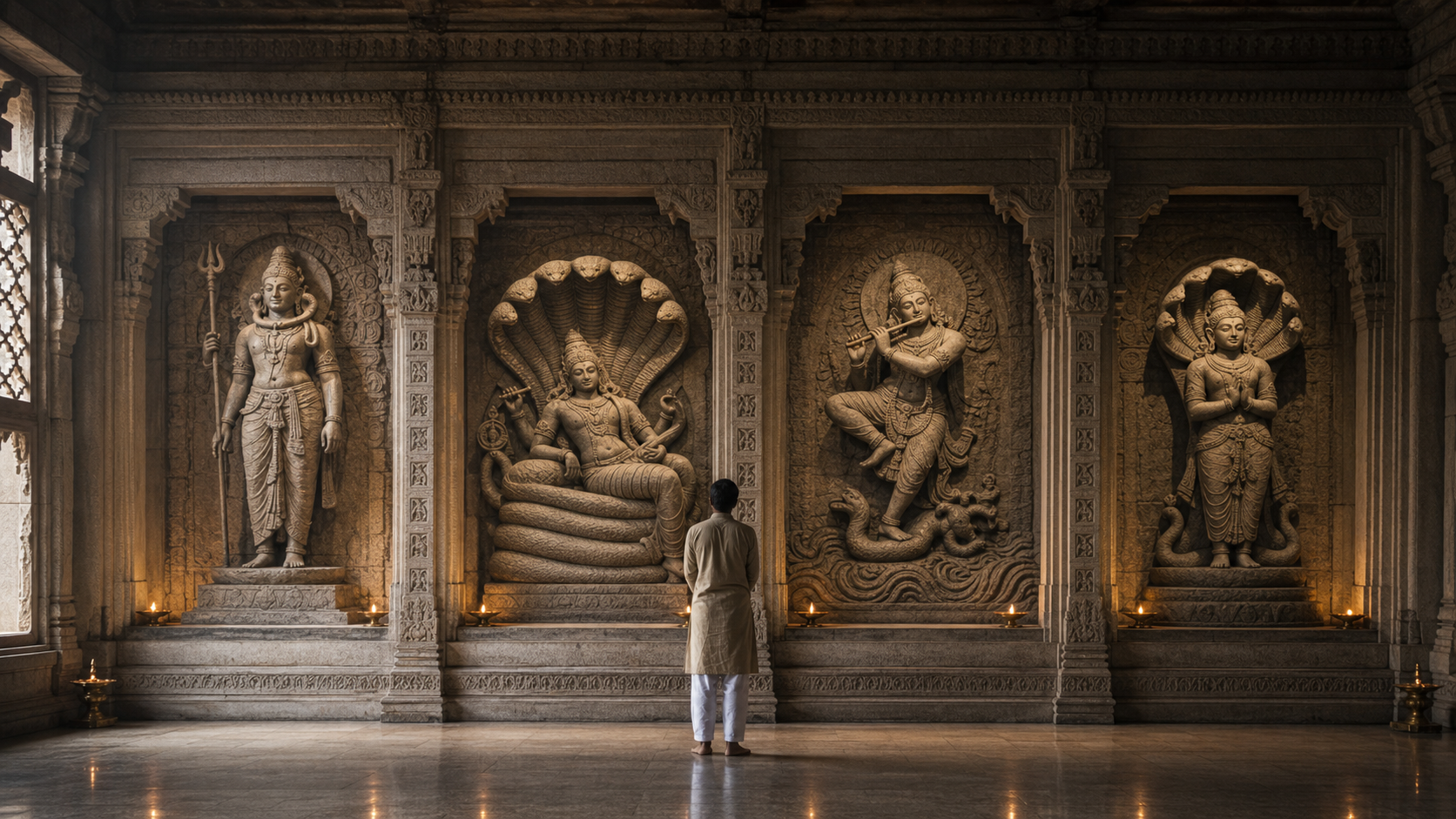 A visitor studies four temple-style stone carvings in which serpents appear around Shiva's neck, beneath Vishnu, under Krishna's feet, and as a protective naga hood.