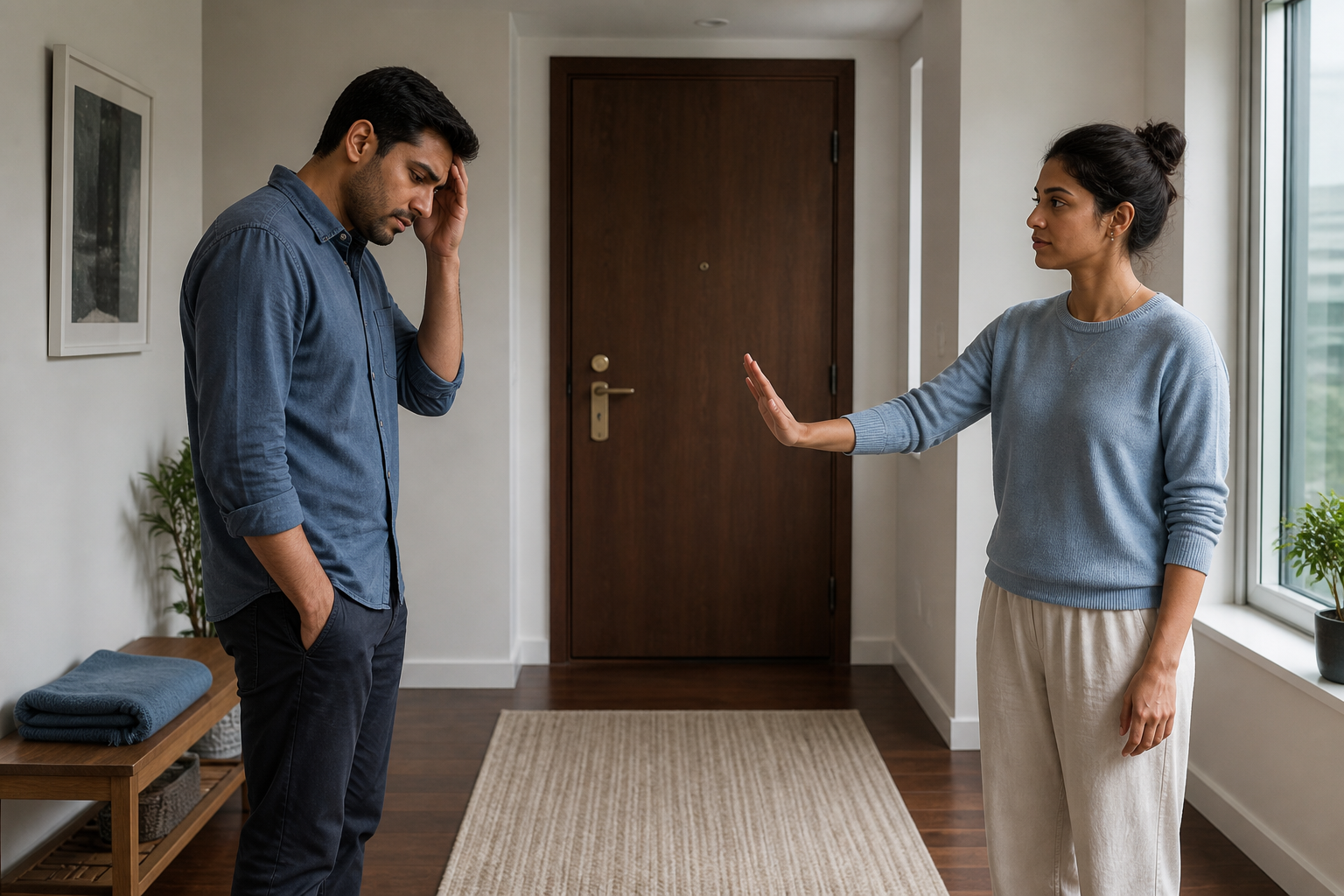 Two adults face each other in an apartment entryway as one calmly raises an open hand to signal a pause while maintaining respectful distance.