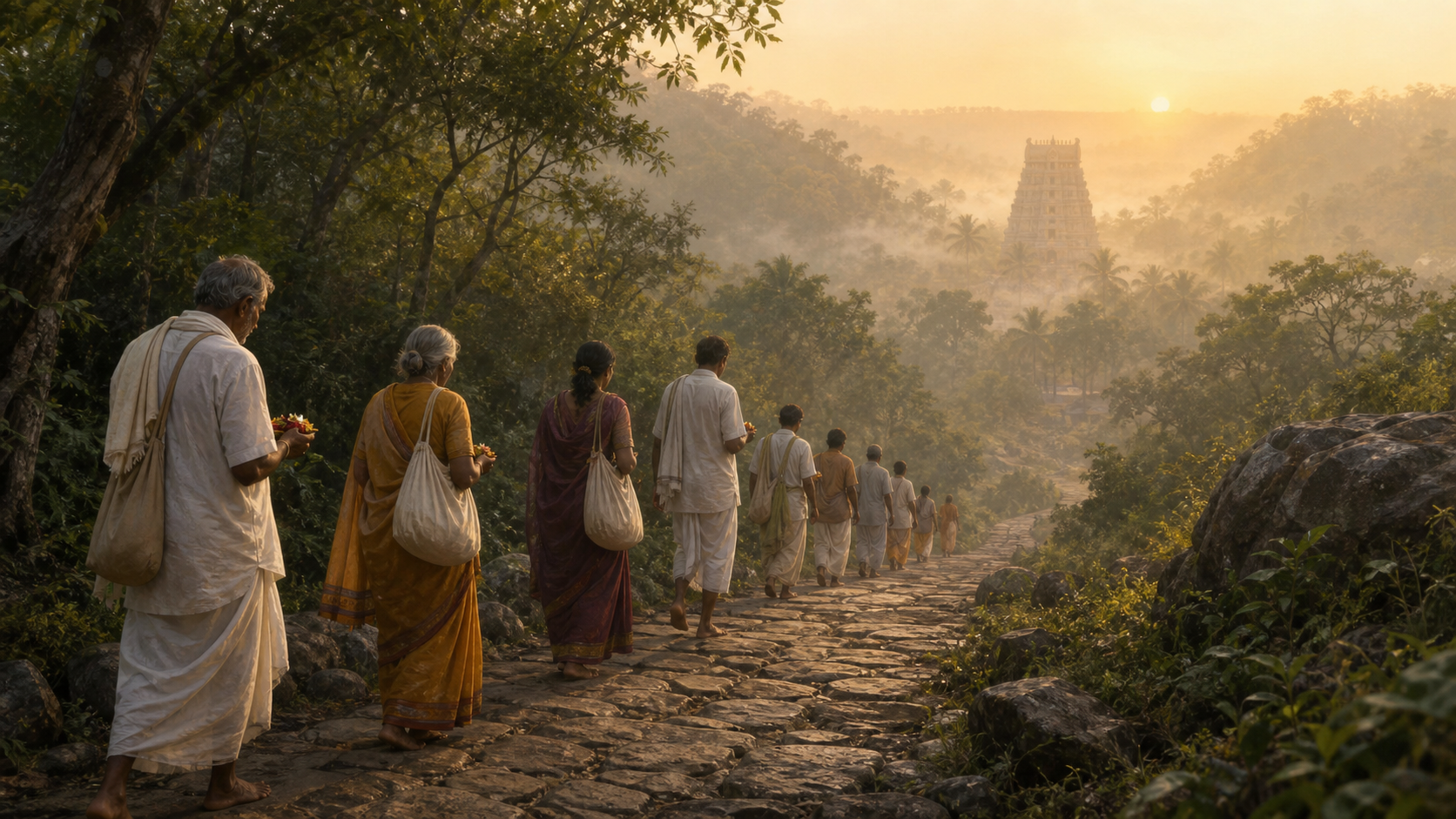 A multigenerational group of pilgrims walks in an orderly line along a misty hill path toward a distant South Indian temple gateway at sunrise.