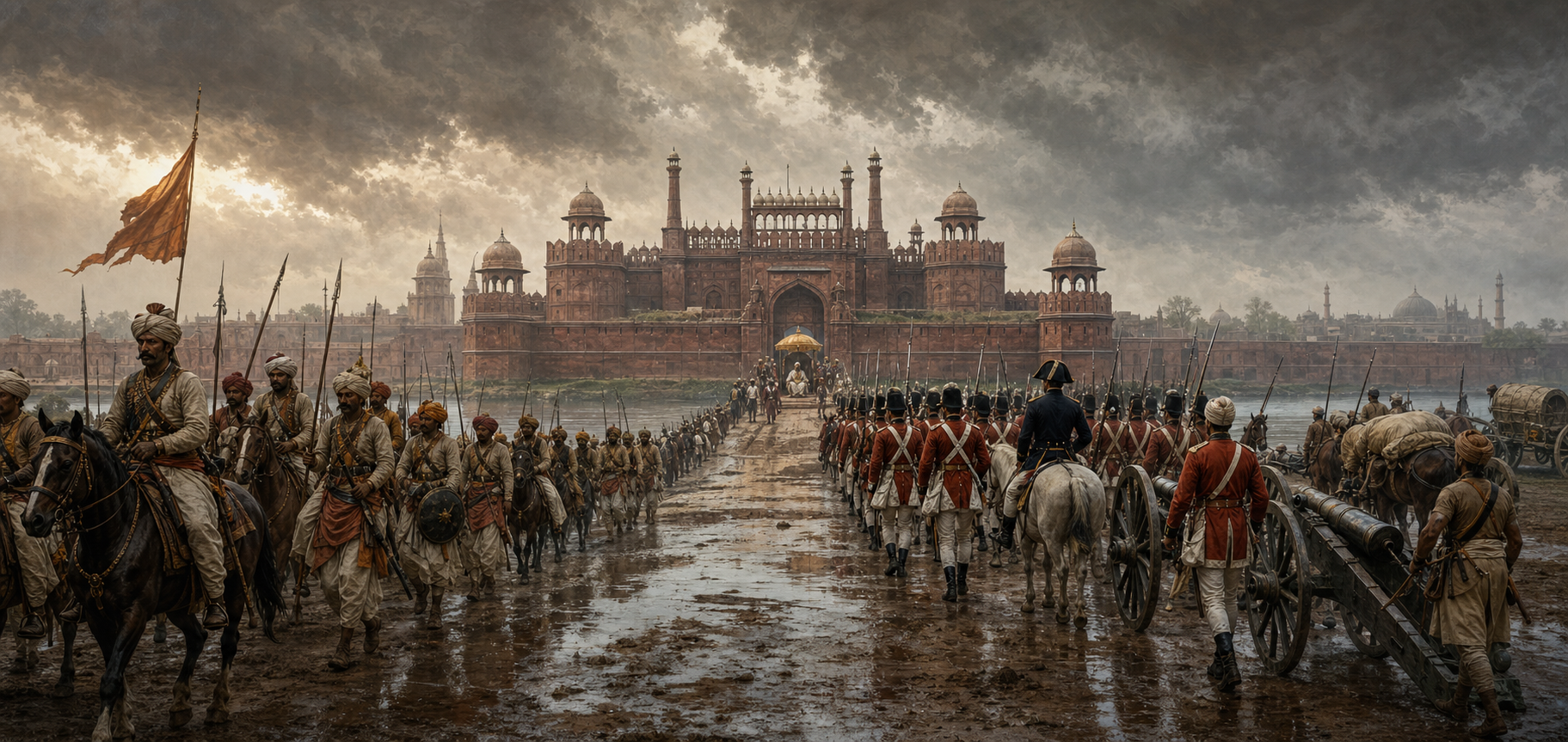 Maratha troops withdraw from Delhi as Company sepoys approach the Red Fort, where the elderly Mughal emperor appears beneath a small ceremonial canopy.