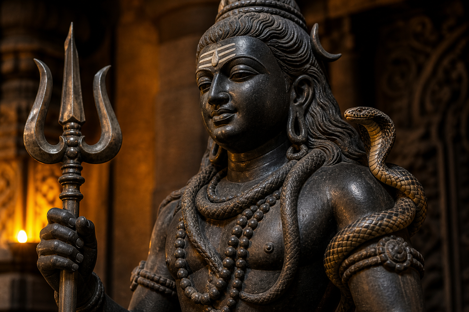 A stone Shiva figure grips a trident while a cobra rests loosely around the upper arm and shoulder.