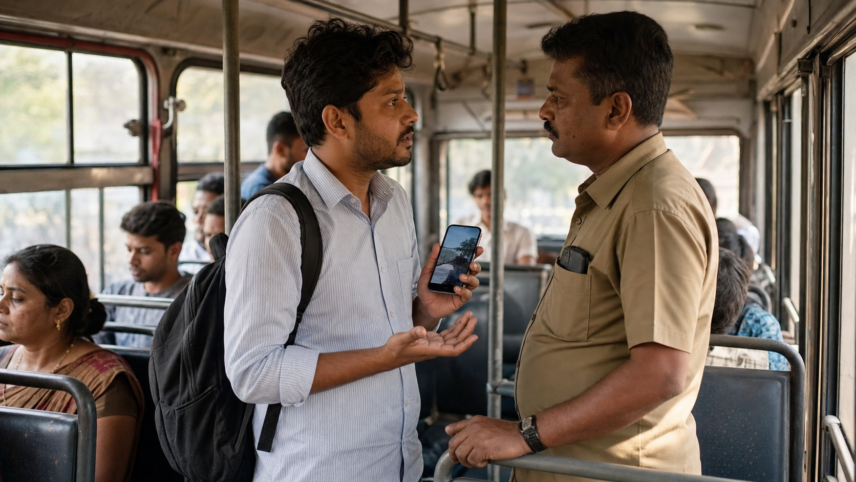 A calm bus passenger shows a phone image to a conductor during a respectful conversation inside the bus.