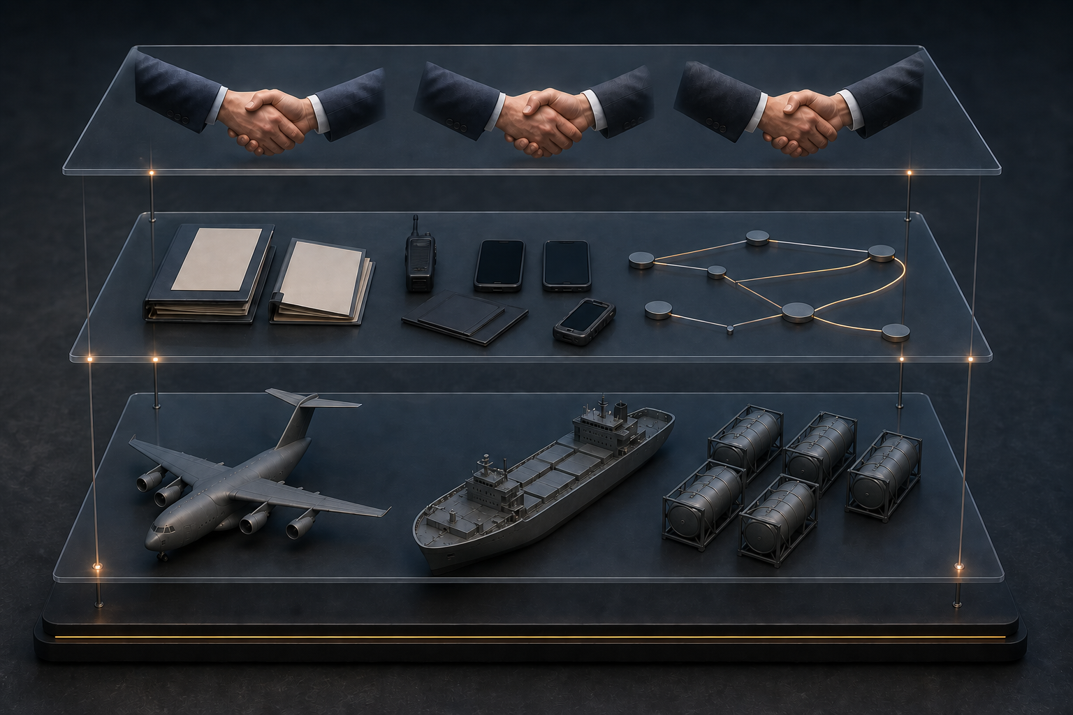 Three translucent layers show diplomatic handshakes, coordination tools, and inactive military logistics assets at different levels.