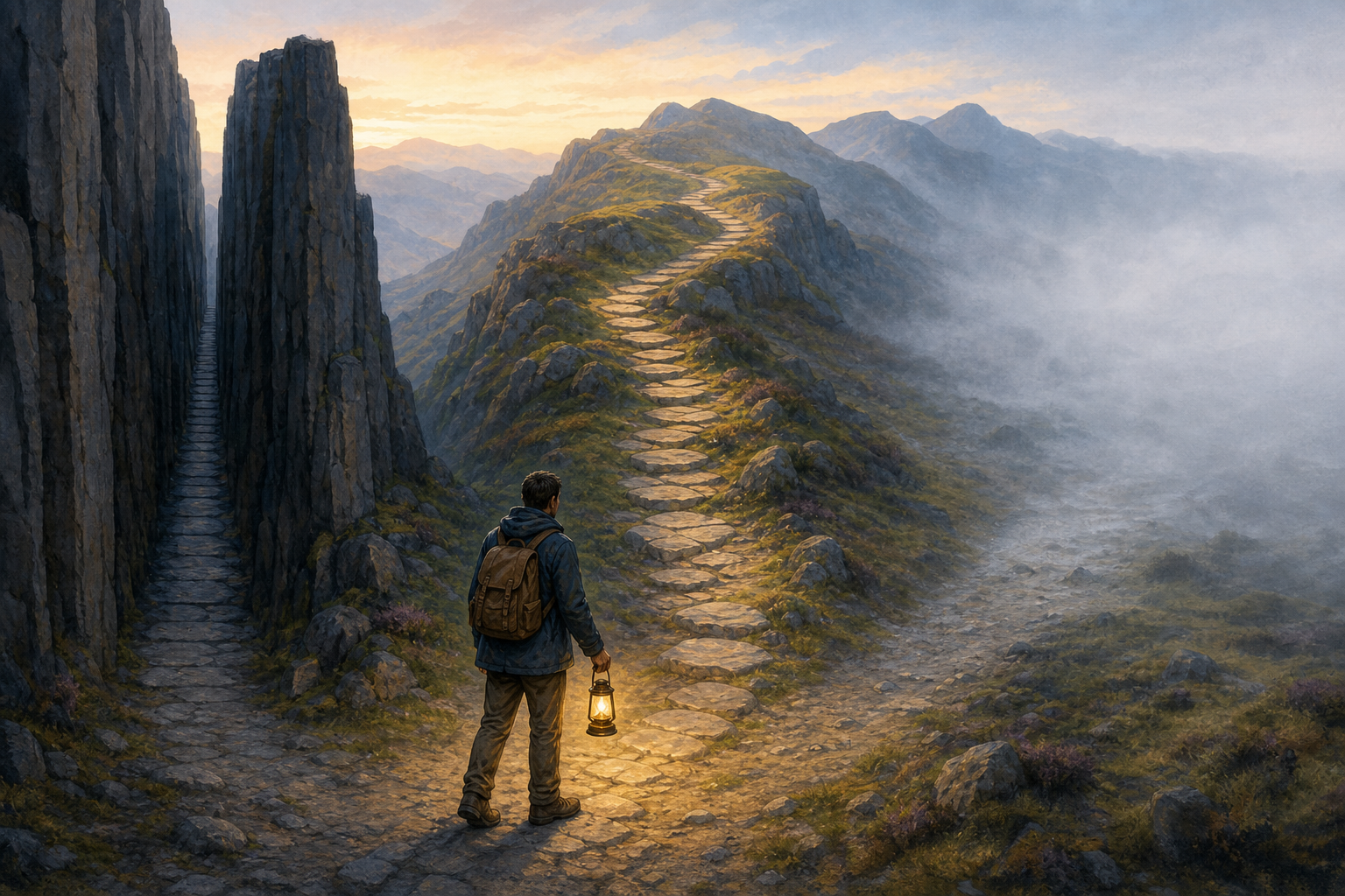 A traveler holding a lamp examines three routes and steps onto a central stone trail between a narrow walled passage and a fog-covered open path.