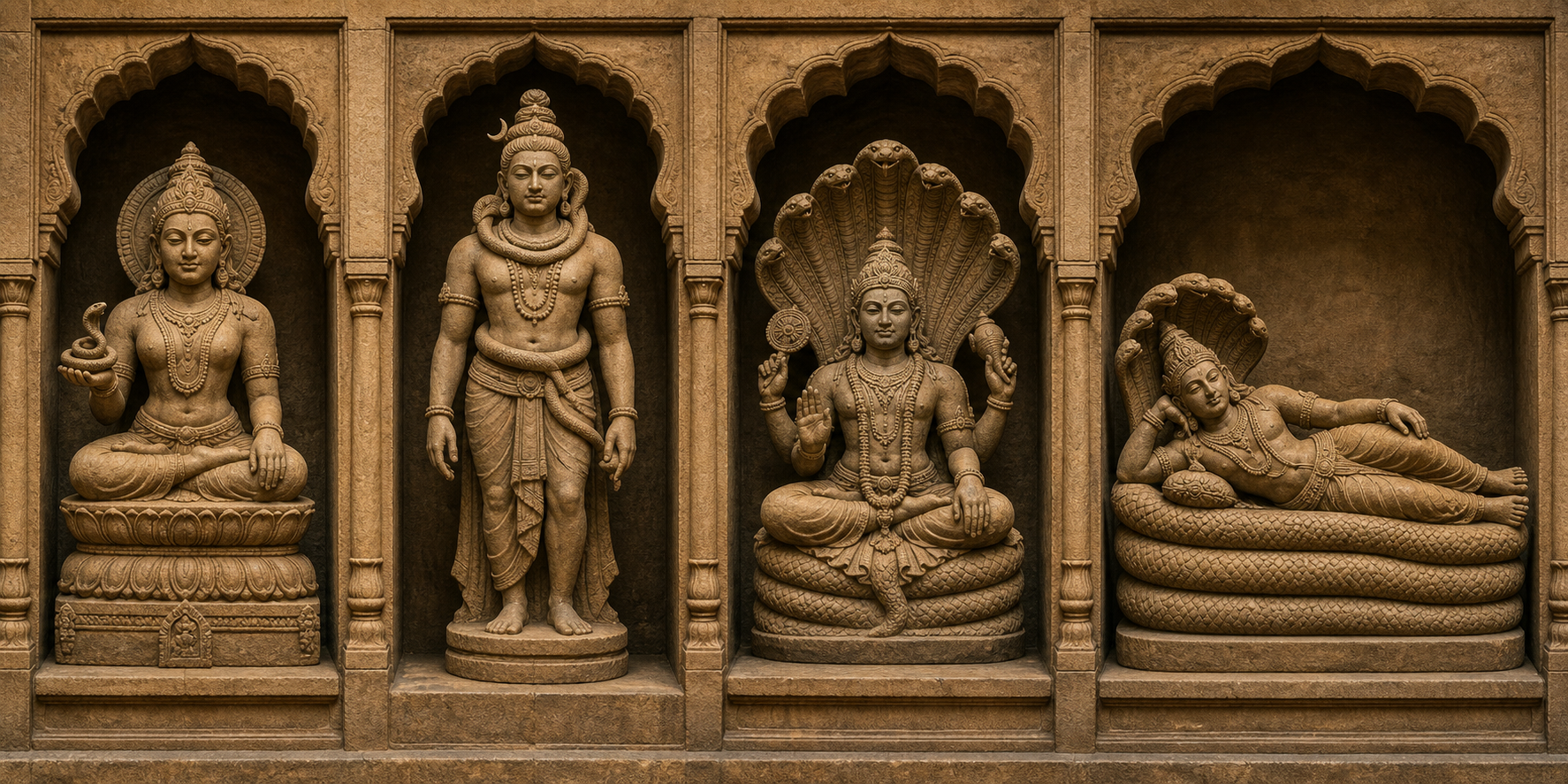 Four stone sculptures show a serpent held in a hand, wrapped around a divine body, forming an overhead hood, and supporting a reclining Vishnu.