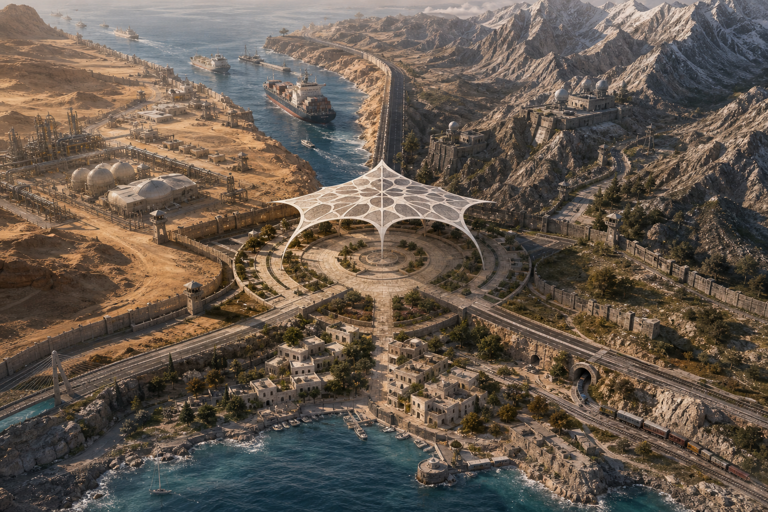 Three contrasting landscapes of desert, mountains, and Mediterranean coast meet beneath one geometric canopy while their paths diverge.
