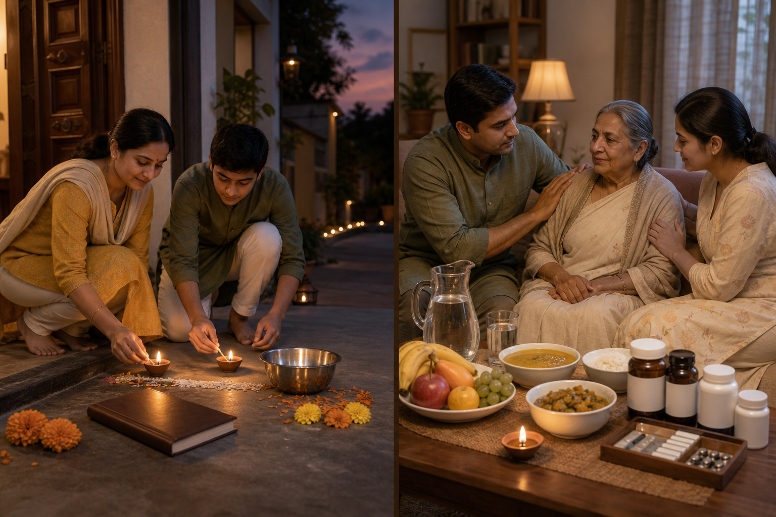 A divided scene shows a family lighting lamps beside a new metal bowl on one side and arranging water, fruit, food, and medicines for an older relative on the other.
