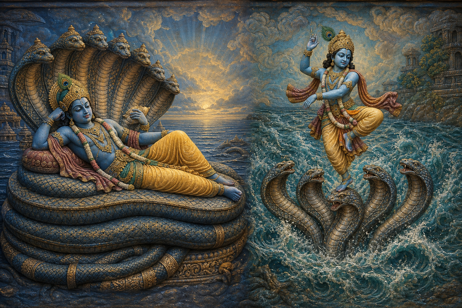 Vishnu rests beneath the protective hoods of Ananta Shesha beside a contrasting scene of Krishna subduing Kaliya in a river.