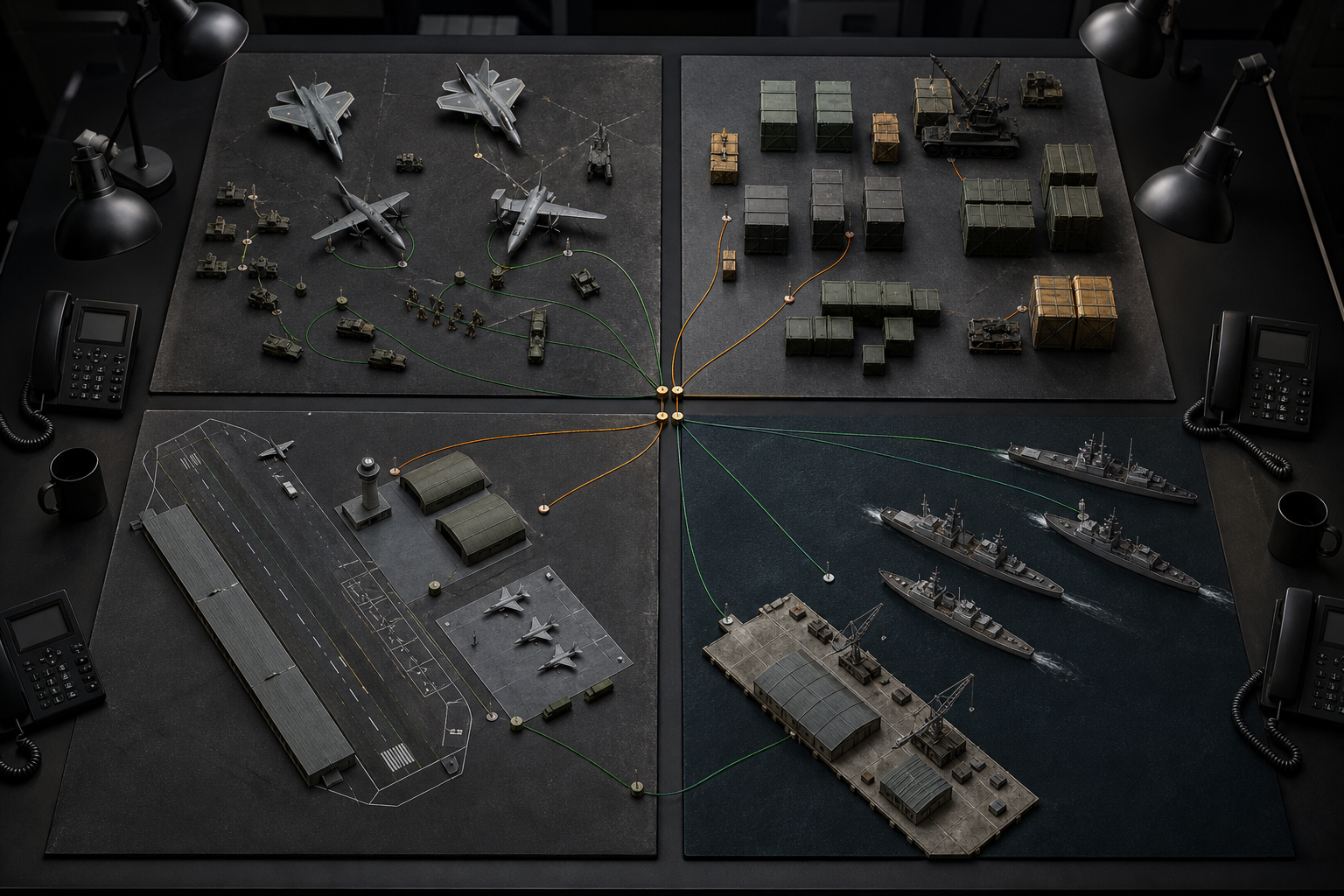 An analysis table holds models of aircraft, ships, a runway, a port, equipment crates, and secure phones connected by colored threads.