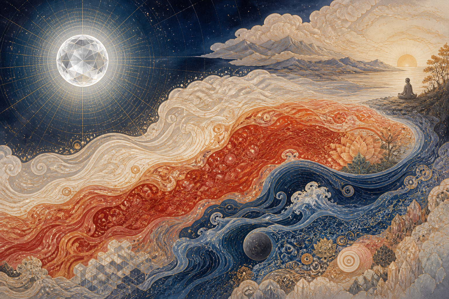 A clear sphere of light remains still beside three colored currents that unfold into subtle patterns, natural elements, and an embodied human figure.