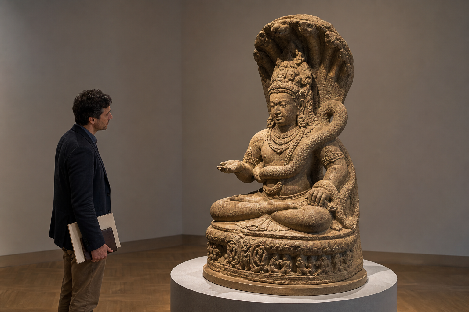 A museum visitor closely examines the hand, torso, serpent hood, and base of a Hindu stone sculpture.