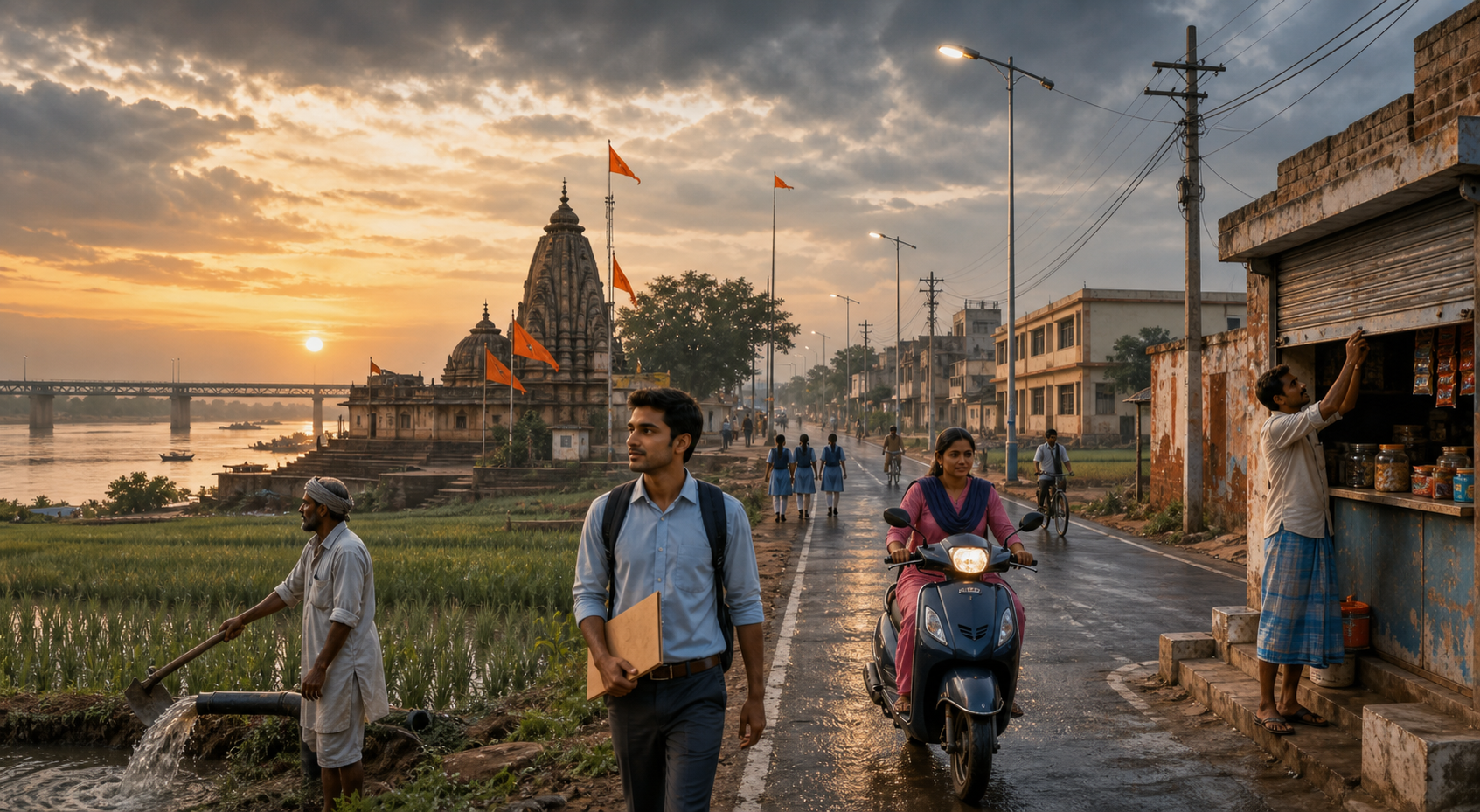 Bihar residents travel and work near farmland, shops, a school, a paved road and a riverside temple at sunrise.