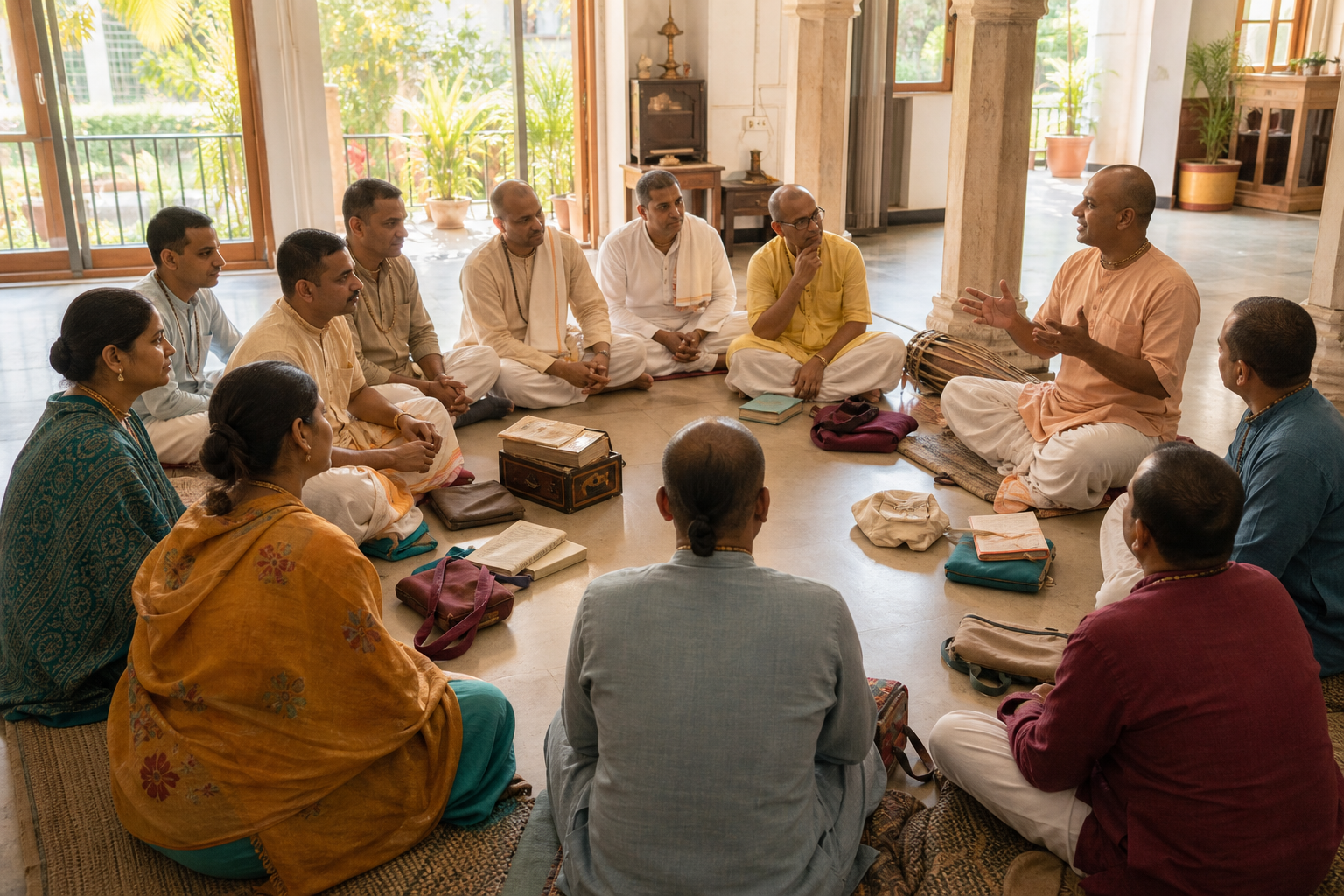 Sankirtan leaders sit in a circle with books and notebooks during a gathering in a bright temple community hall.