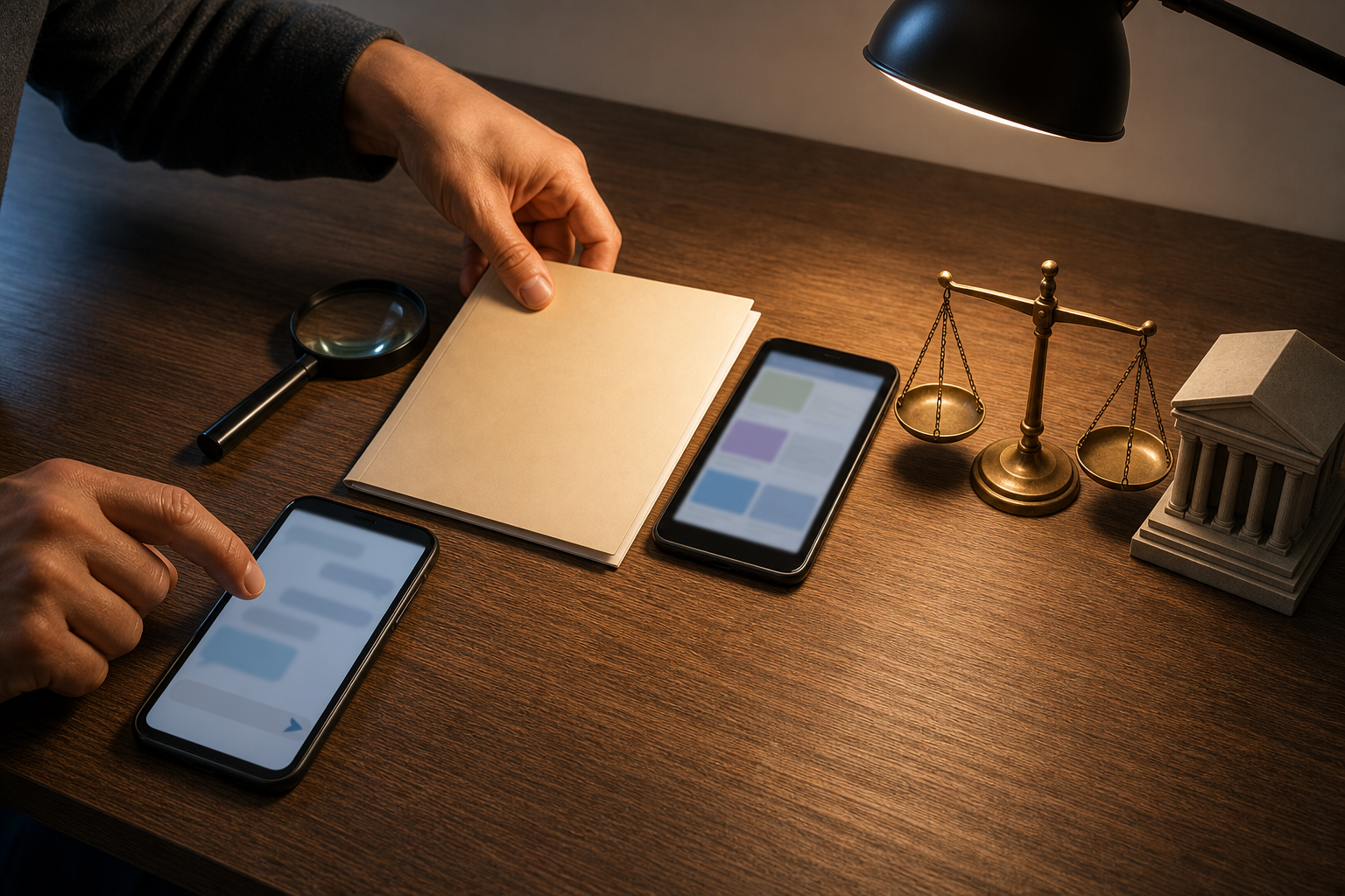 A person pauses before forwarding a blurred phone message while checking a magnifying glass, blank source folder, second device, and small justice scale.