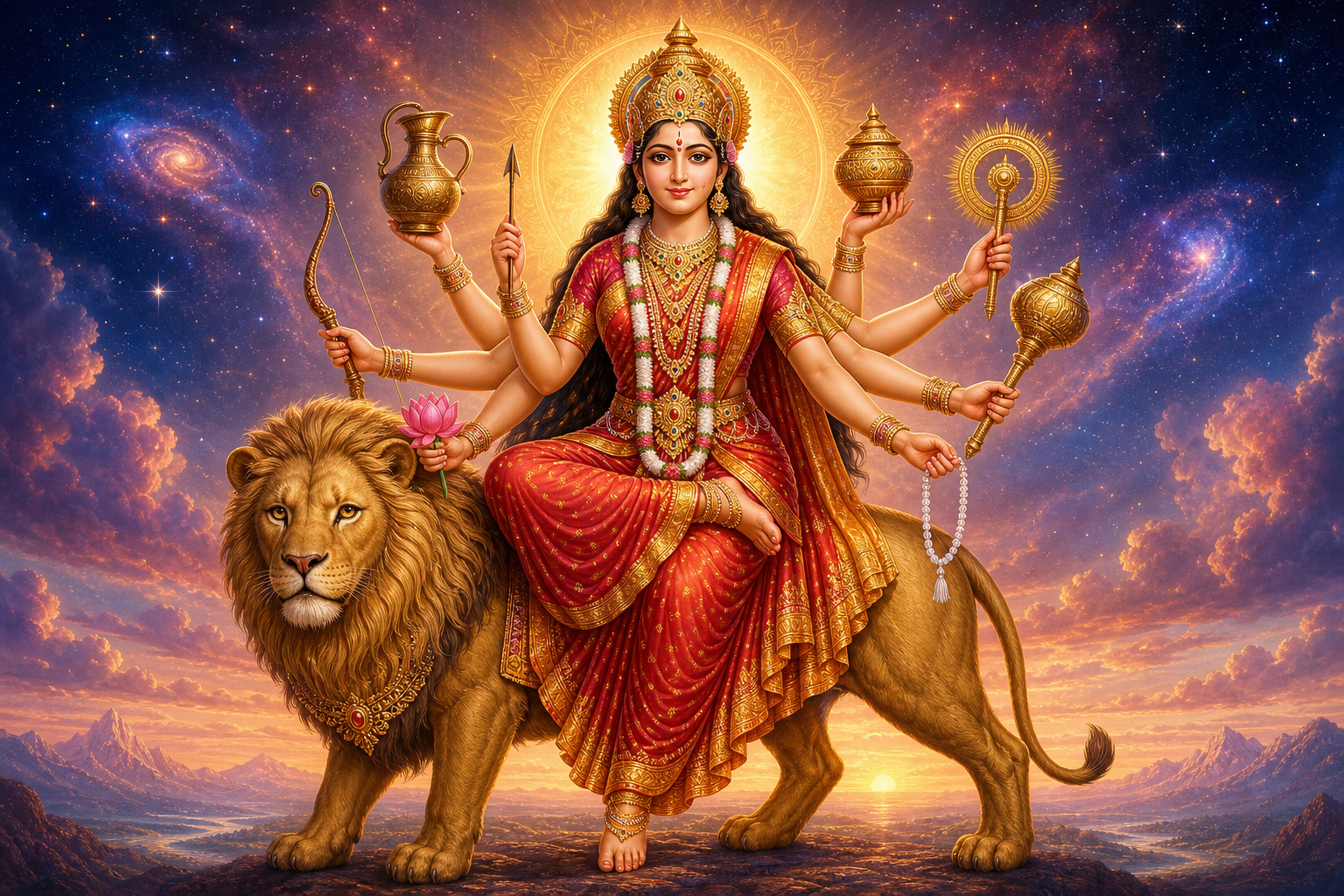 Goddess Kushmanda sits on a lion with eight arms holding a water pot, bow, arrow, lotus, nectar vessel, discus, mace, and prayer rosary against a glowing cosmic sky.