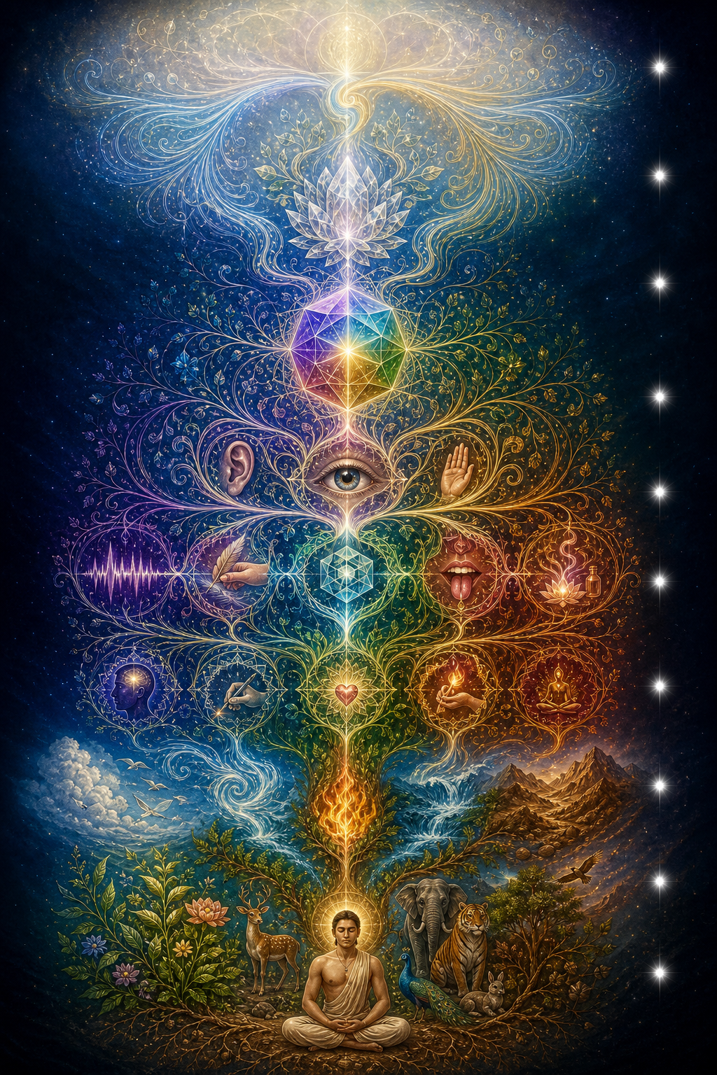A layered cascade transforms from three balanced currents into crystalline forms, sensory motifs, natural elements, and an embodied person, while a small white light remains unchanged beside each layer.